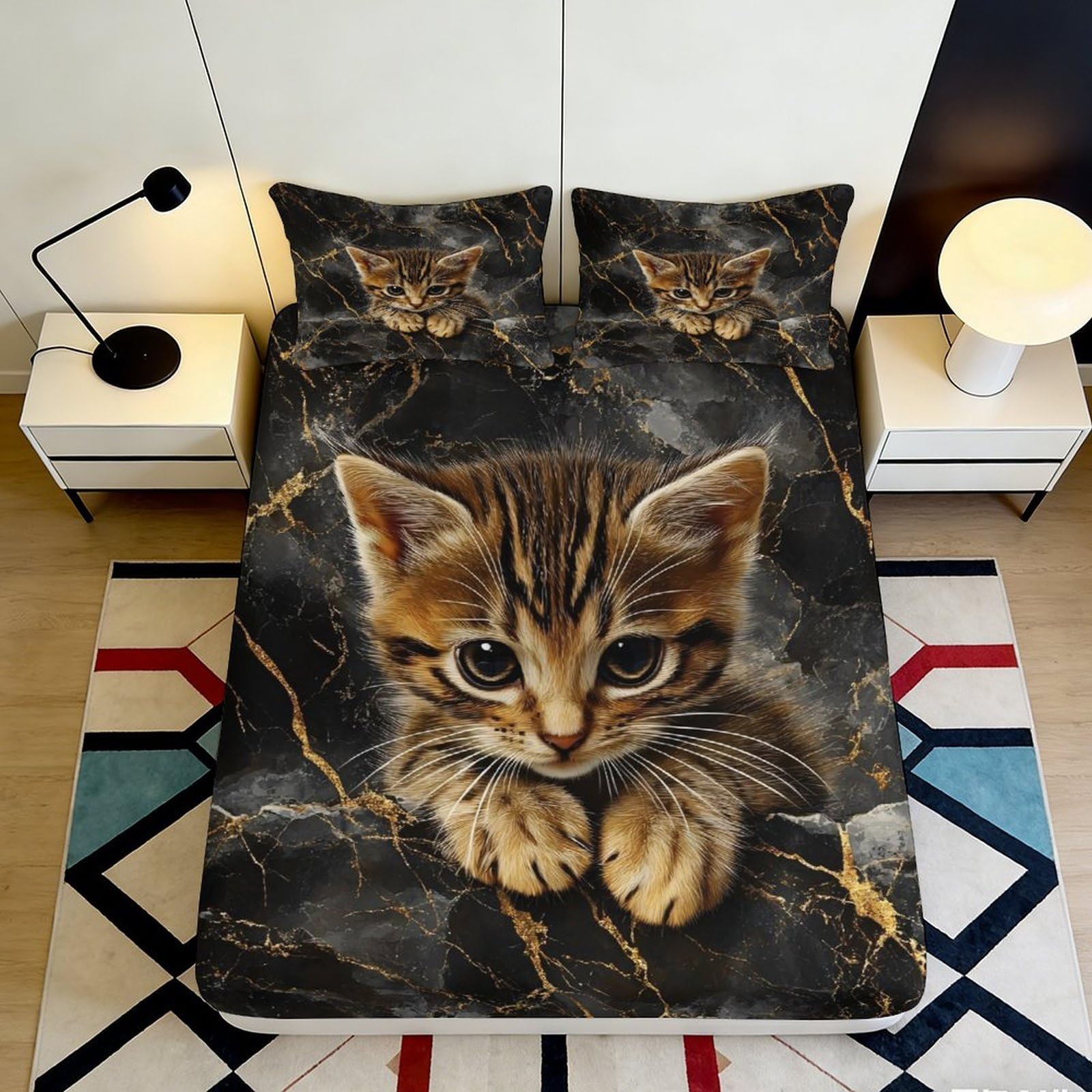 3D Printed Cat Fitted Sheet Microfiber Deep Pocket Non-Slip Cat Mattress Fitted Cover Washable Bedroom Bedding 200x200x25cm