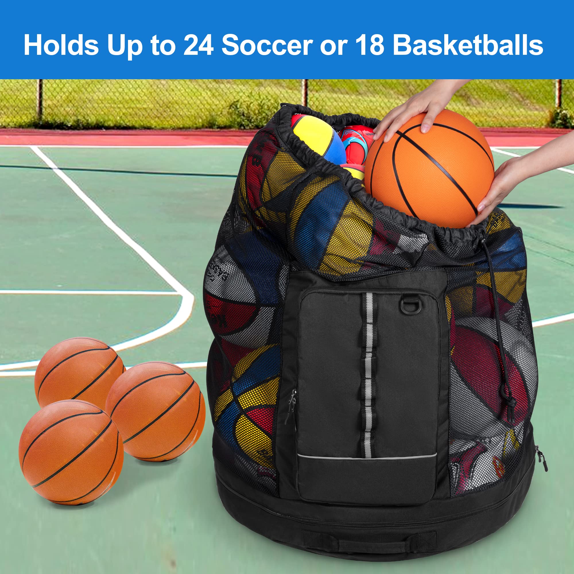 GOBUROS Borsa a rete per palloni da calcio, pallacanestro, con spallacci e tasca frontale, per pallacanestro, calcio, pallavolo, rugby e sport in spiaggia