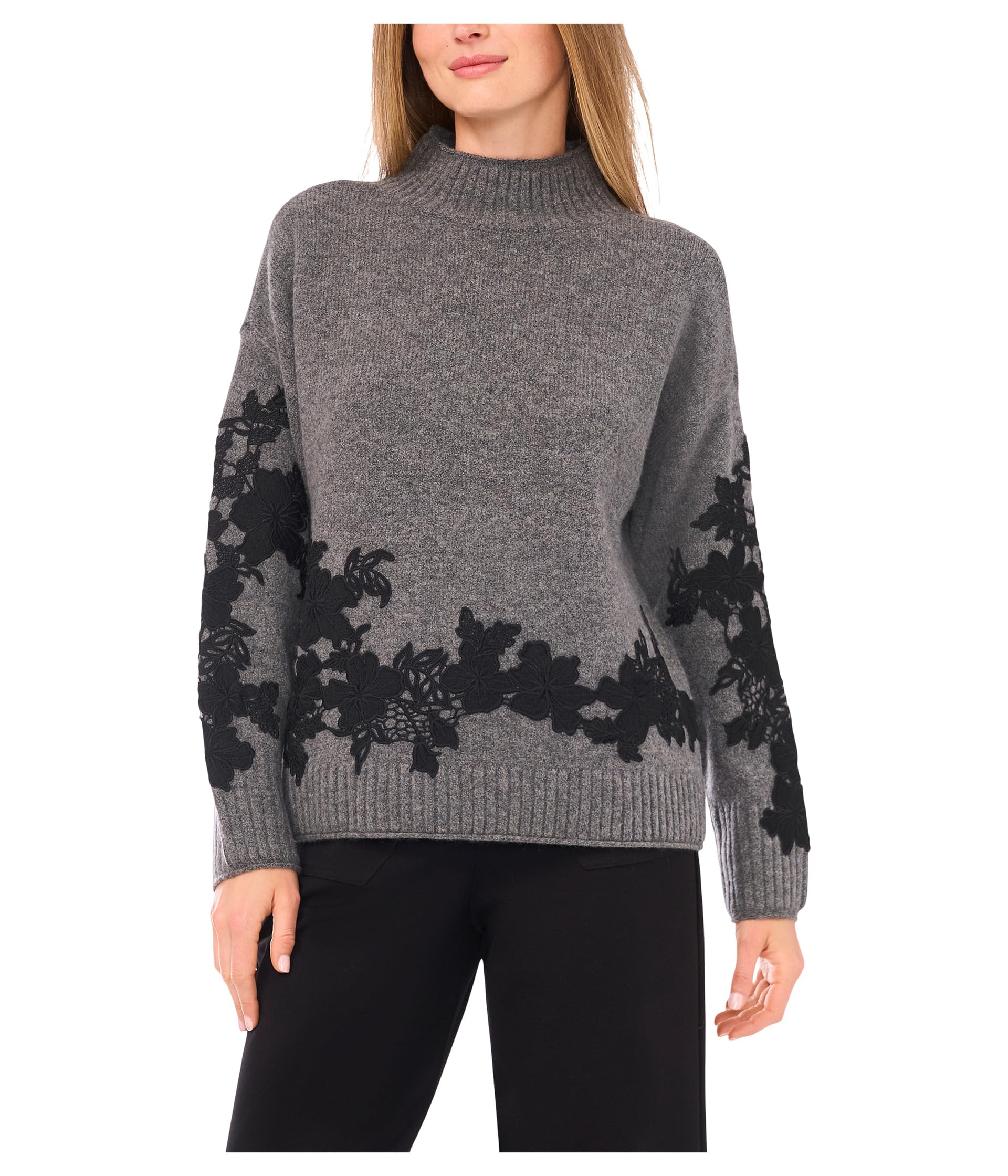 Vince Camuto Womens Floral Embellished Mock Neck
