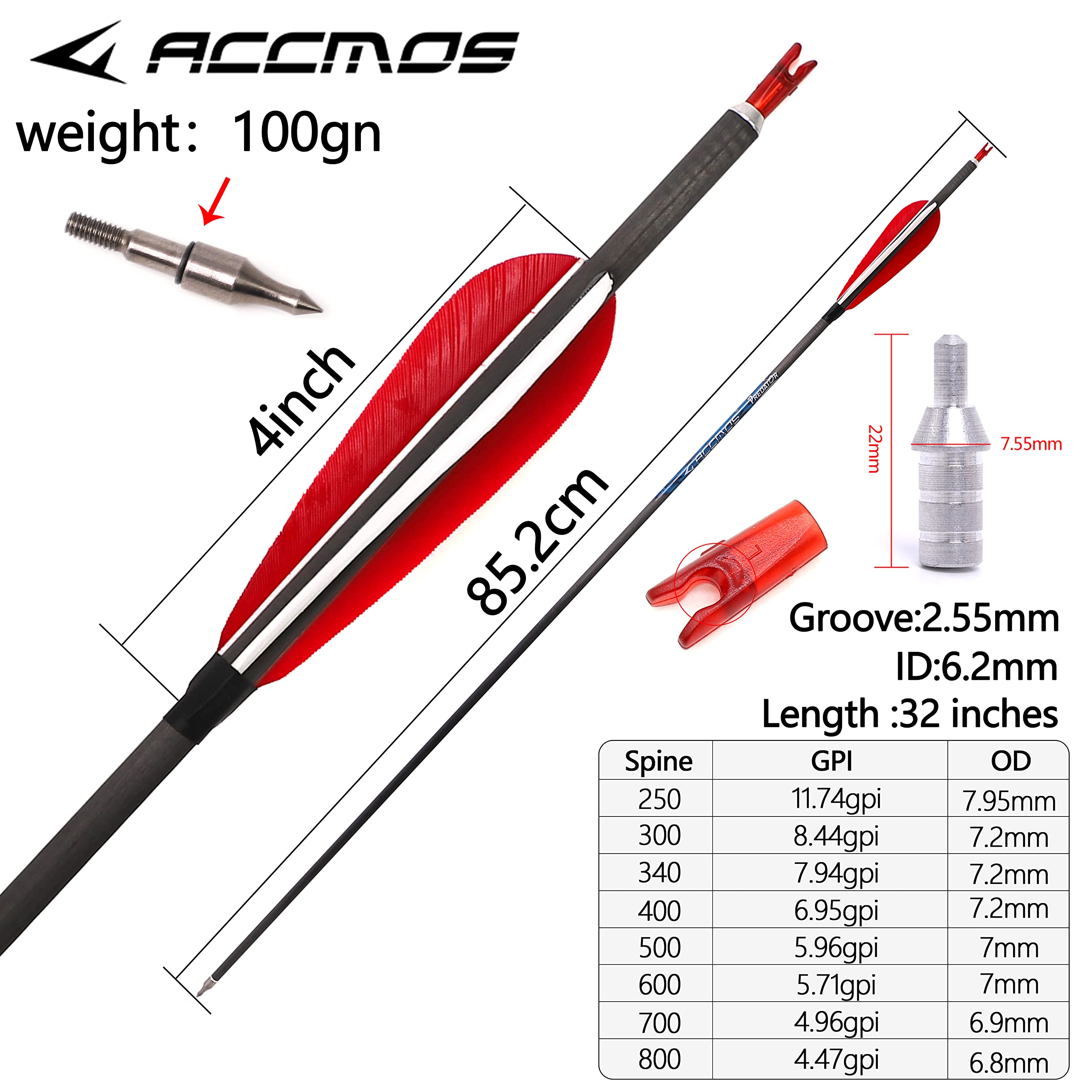 ACCMOS 12St ID 6,2 mm Jagdpfeile Spine 250 300 340 400 500 600 700 800 Pfeil aus Reinem Carbon Länge 26-32 Zoll mit 4 Zoll Rote Weiße Truthahnfeder