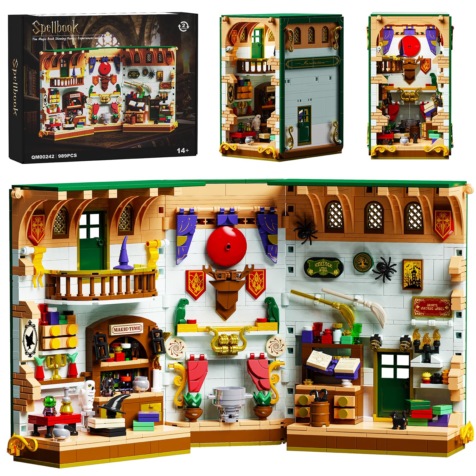 GHQYTPR Magic Spellbook Book Nook Building Block Set 989 Pcs Wizard Bookshelf Bookend Model Kit for Adults & Teens Fantasy Magic House Diorama Building Kit Home Office Desk Decor Display Gift