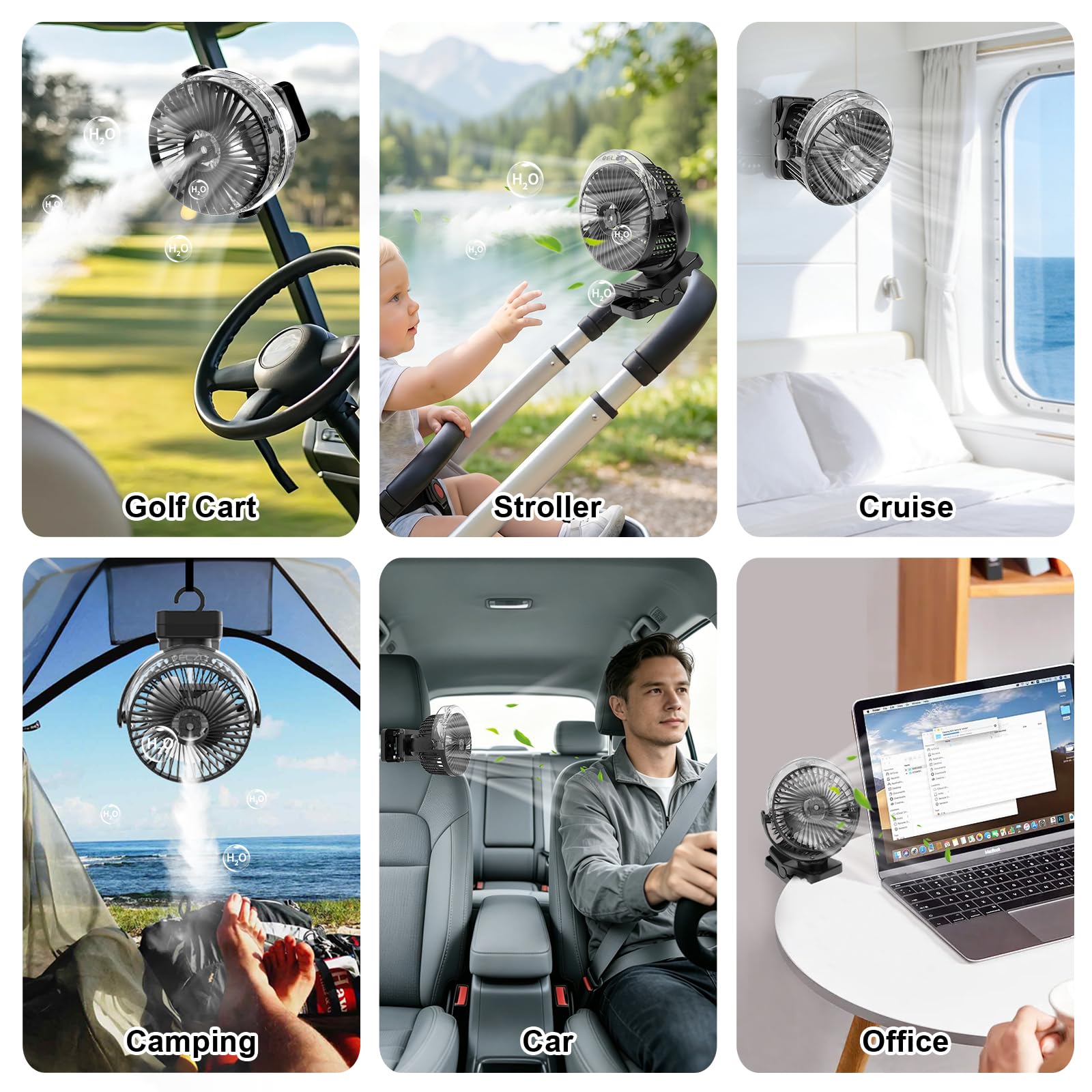 ELZO Ventilatore da campeggio da 12000 mAh, ventilatore da tavolo USB con luce a LED e funzione spray, gancio di sospensione e chiusura magnetica, silenzioso ventilatore a clip di rotazione a 360°