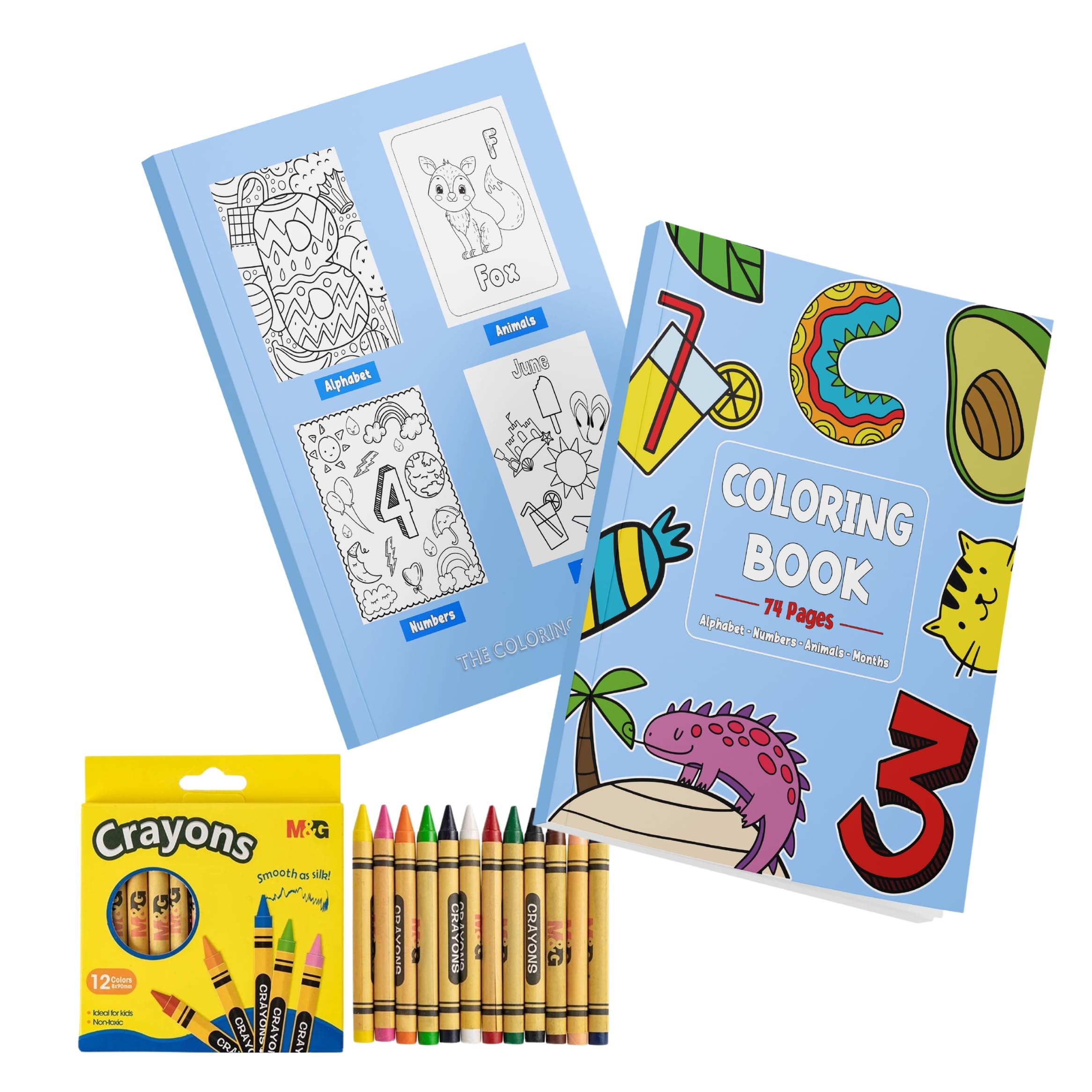 The Coloring Co. Coloring Book Set - 74 Pages Educational Coloring Book for Kids with Crayons - Cute Animals, Alphabet, Numbers, Months