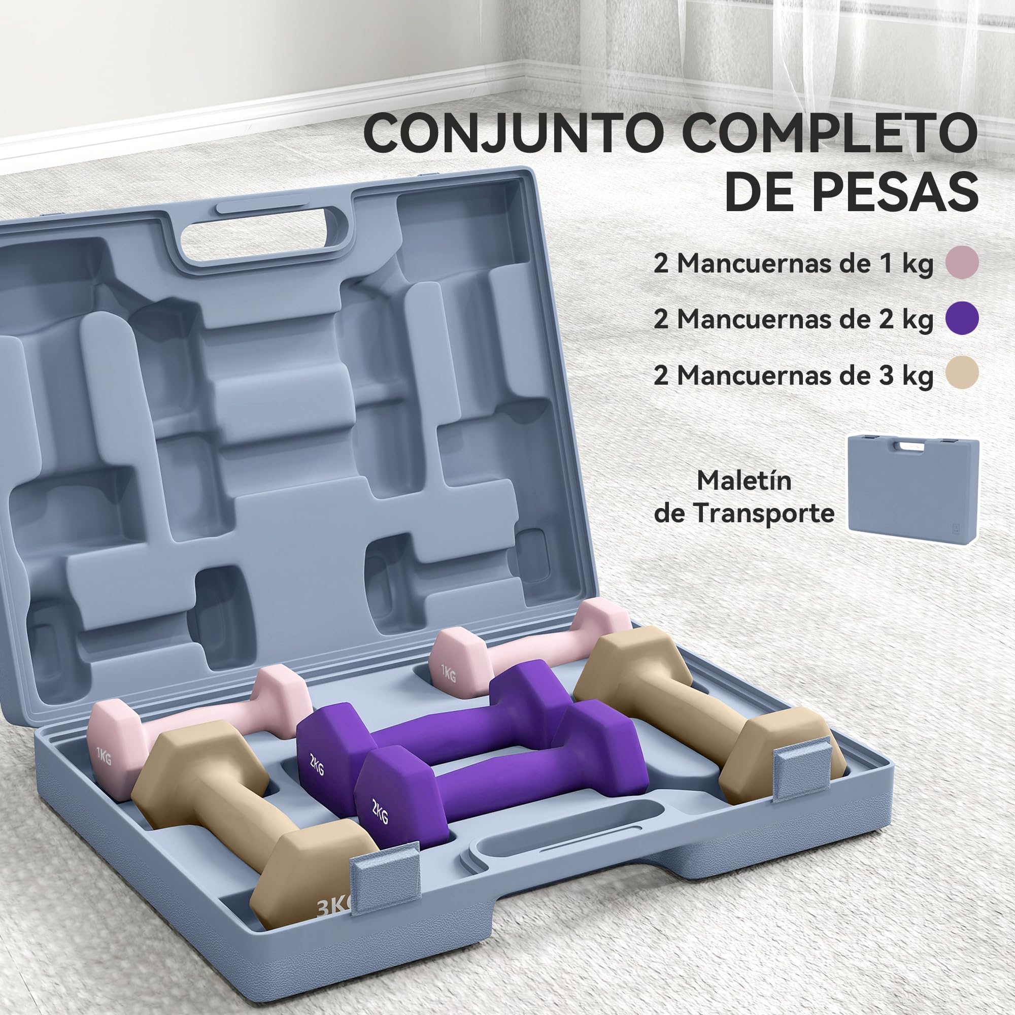 SPORTNOW Juego de Mancuernas 6 Piezas Hexagonales de Acero Multicolor | 2 x1 kg, 2 x2 kg, 2 x3 kg, Revestimiento de Plástico Antideslizante, Estuche de Transporte, para Casa Gimnasio