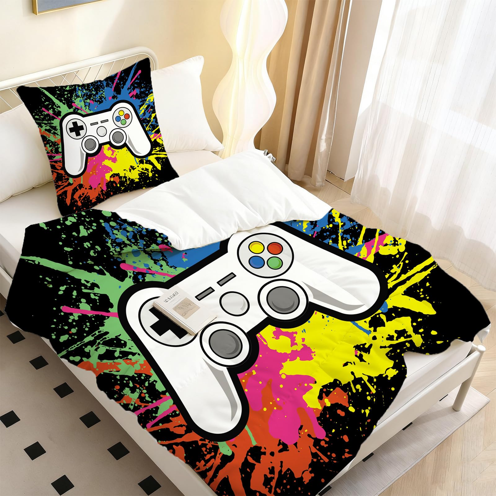 Housse de couette gamer 140x200 cm Yasida avec sa taie d'oreiller 65x65 en microfibre