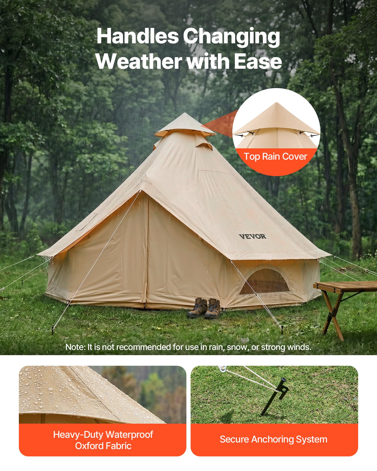 VEVOR Oxford Glockenzelt, 3 m Jurte, 4 Jahreszeiten, mit Ofenrohrdurchführung, bis zu 3 Personen, mit Abnehmbarem Boden (Reißverschluss), ideal für Familien-Camping, & Outdoor-Aktivitäten, Beige