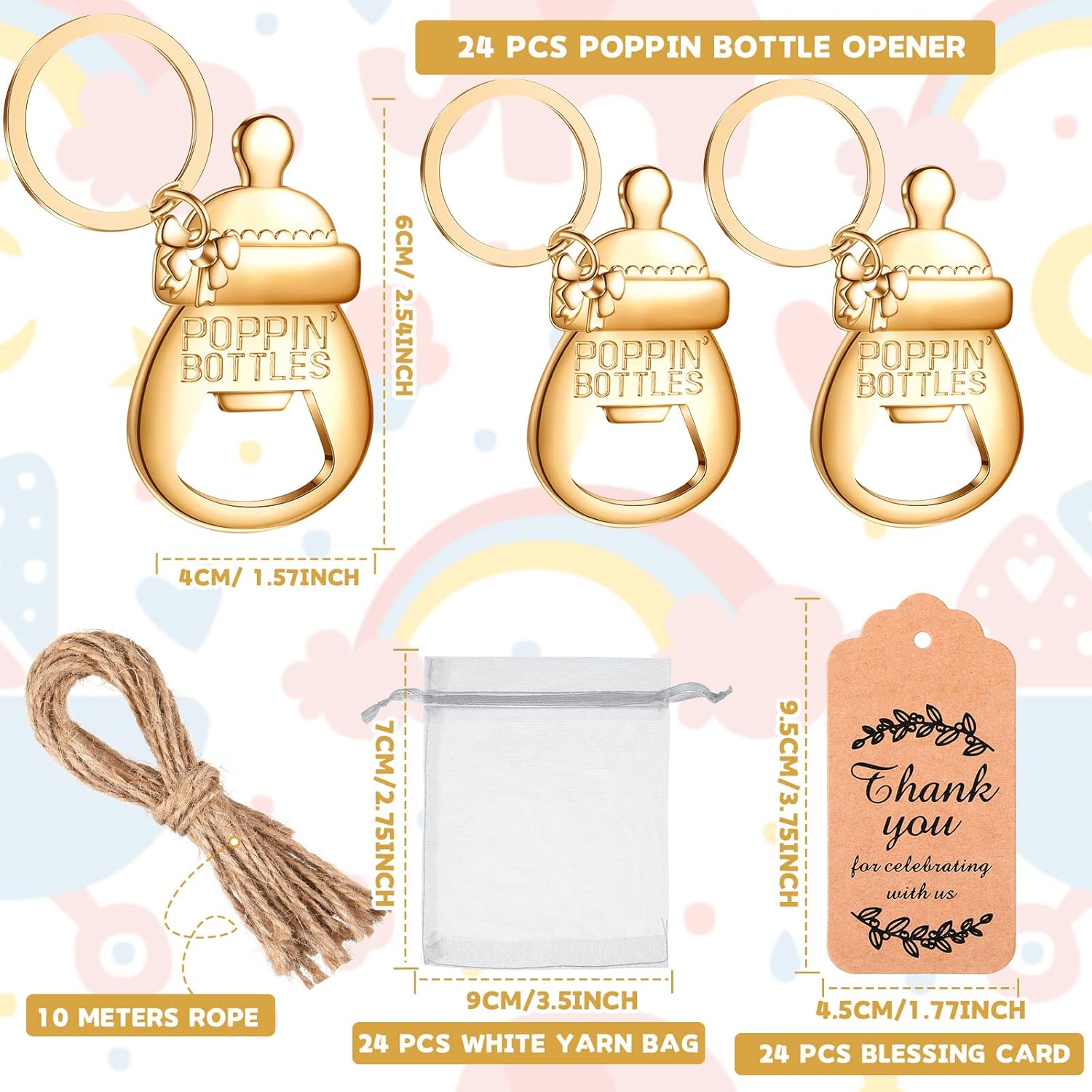 CHENGU Popping Bottle Openers Baby Shower Return Favors for Guests Bottle Opener Decorations and Souvenirs with Organza Bags Thank You Tags for Theme Party Favors (Key Chain Style,73 Pieces)