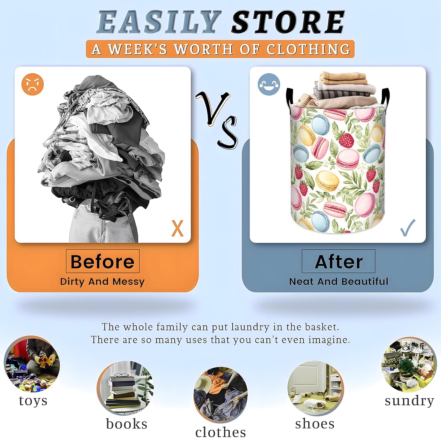 Sweet Macaron Laundry Basket, Green Leaves Flower Dessert Storage Hamper, Round Collapsible Waterproof Cloth Bin, 19.7x15.7 Inch Cute Cartoon Clothes Organizer Gifts for Bathroom Decor image 4