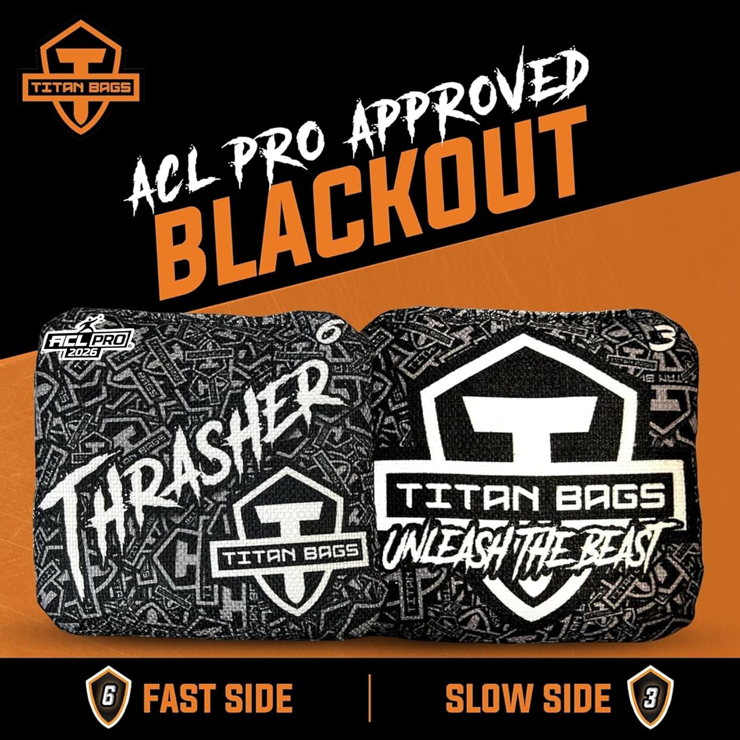 Titan Bags Thrasher Cornhole Bags - 6"x6" ACL PRO Approved Tournament-Grade, Durable Dual-Sided for Precision Shots, All-Weather Power Grip Pellets for Indoor & Outdoor Tossing - Set of 4