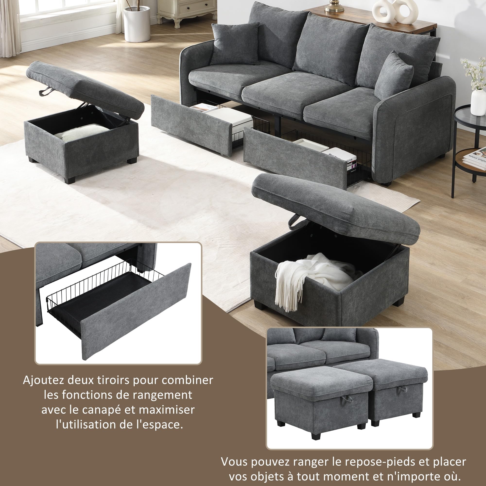 Sofa tapicerowana z miejscem do przechowywania – łącznie z szufladami + taboretem ze schowkiem, modułowo rozkładana sofa narożna, materiał sztruksowy (ciemny szary)