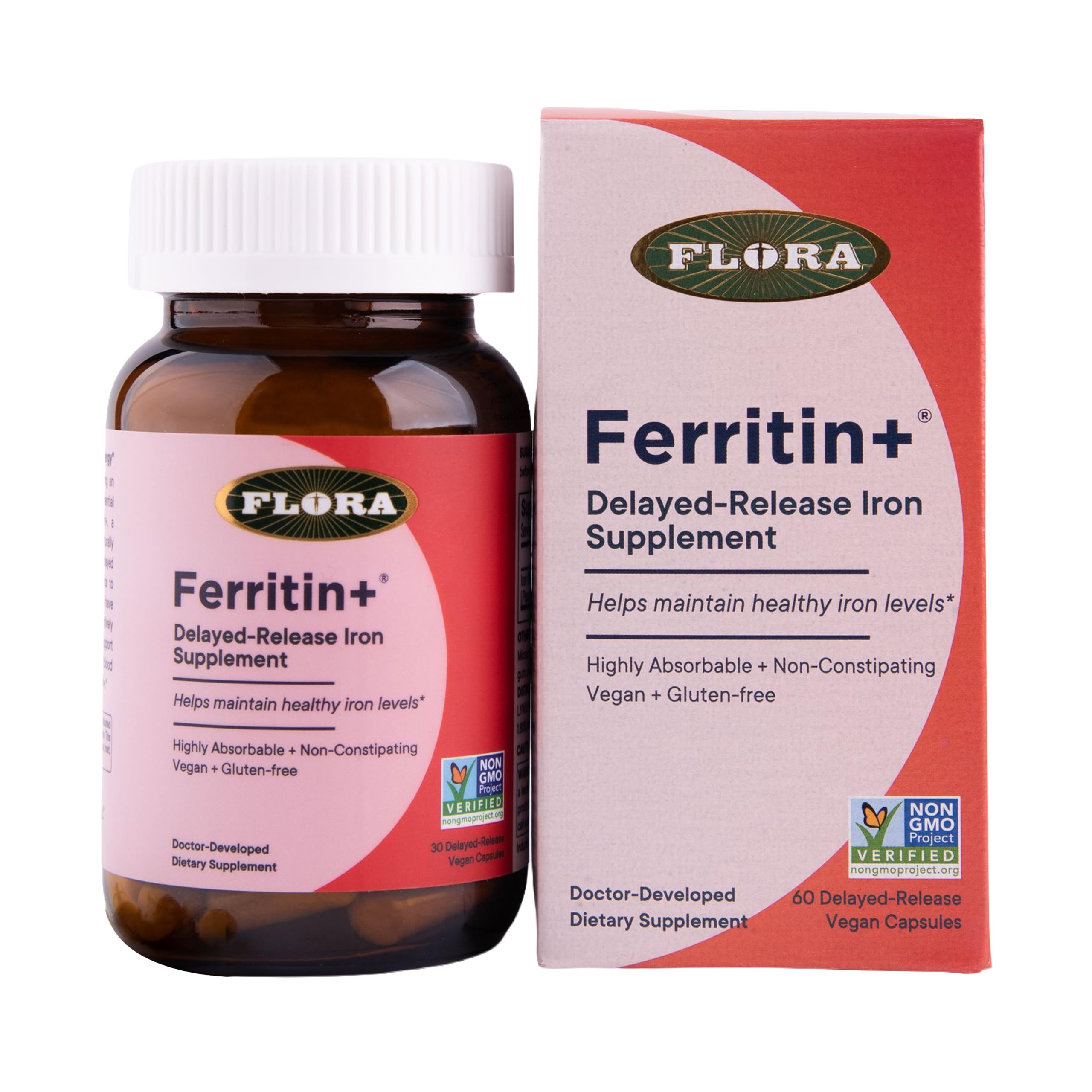 FloraHealth Ferritin+, Delayed-Release Iron, Non-Constipating, 30 Veg Capsules
