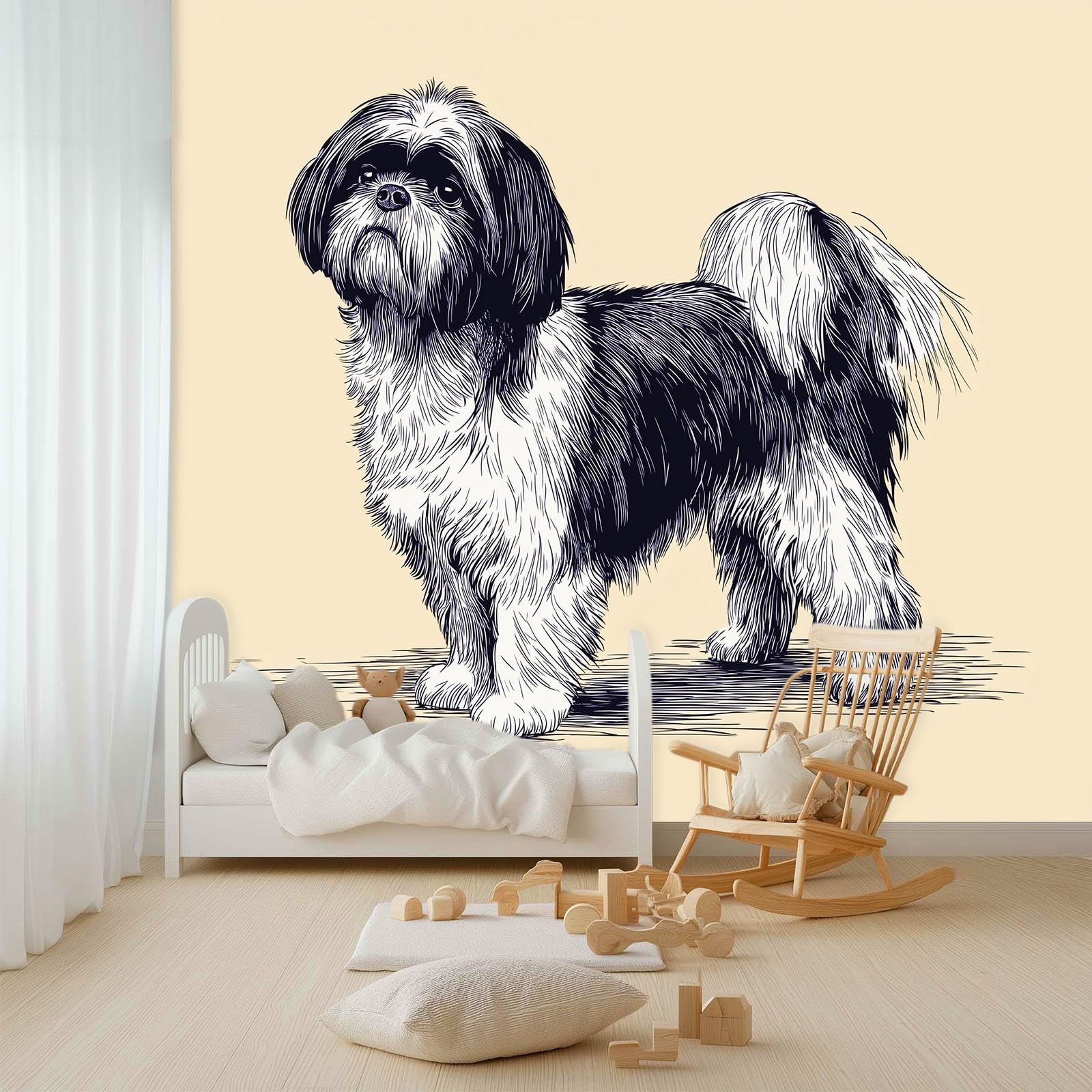 Fototapeta z włókniny, 200 x 140 cm, minimalizm, linie, zwierzęta, Shih Tzu, tapeta na fizelinie, tapeta ścienna, efekt 3D, nowoczesna tapeta do salonu, pokoju dziecięcego, tło TV, tapeta z motywem