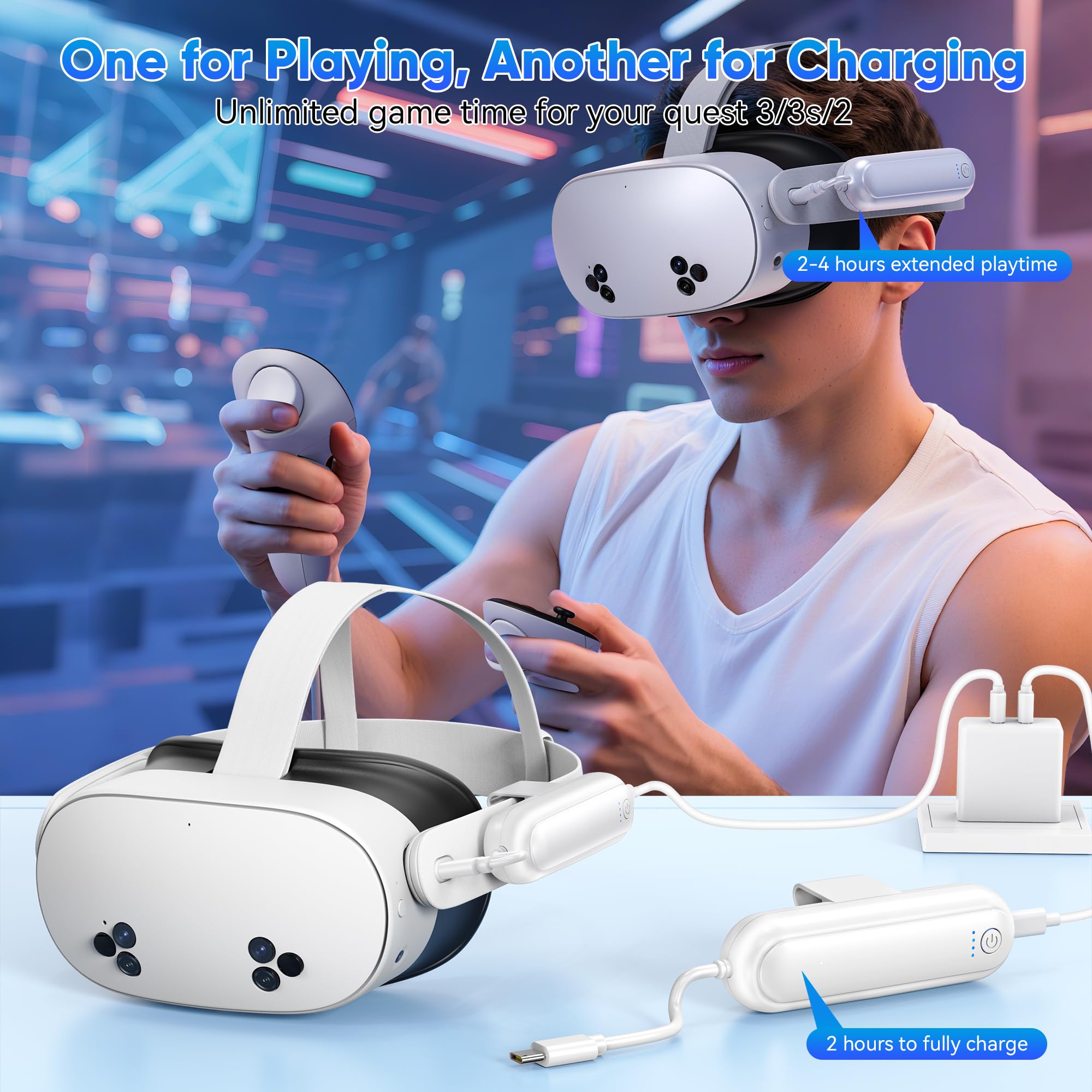 YUANHOT Confezione da 2 batterie da 20000 mWh per Meta Quest 3S/3/2, caricabatterie rapido da 18 W per accessori Oculus Quest 3S/3, batteria estesa per cuffie VR, batteria leggera e portatile per