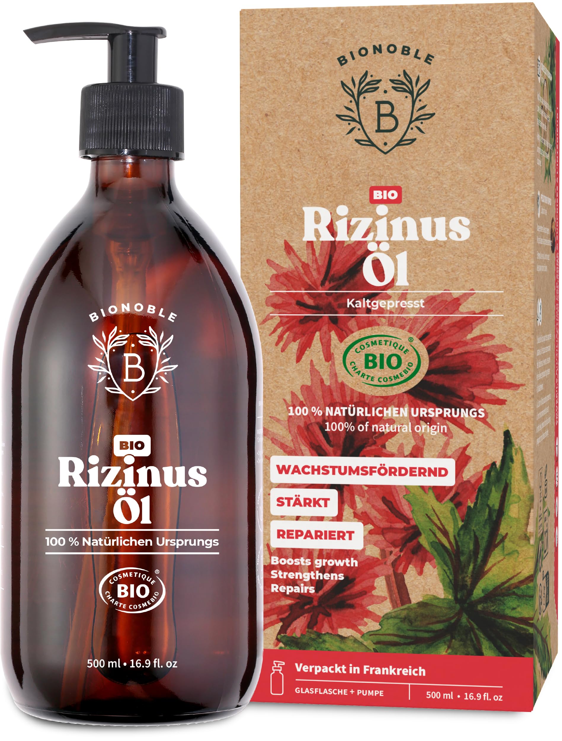 Bionoble Organic Castor Oil, 500 ml, 100% Pure, Natural and Cold Pressed, for Eyelashes, Eyebrows, Hair, Beard, Nails, Vegan and Cruelty-Free, Glass Bottle + Pump