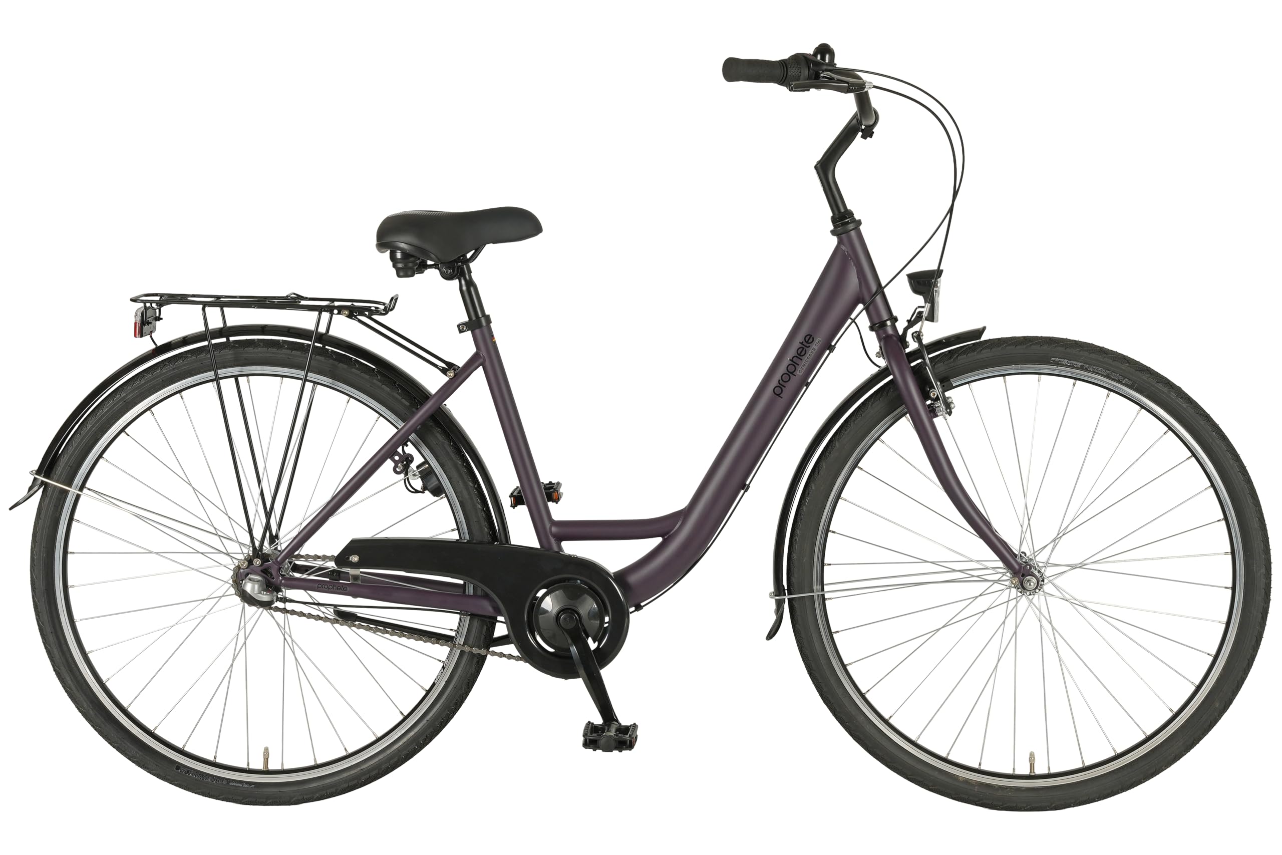 Prophete GENIESSER 100 28 Zoll Citybike Damen mit 3 Gang Nabenschaltung LED Beleuchtung Rücktrittbremse und V Bremse RH 46 cm Dark Purple matt