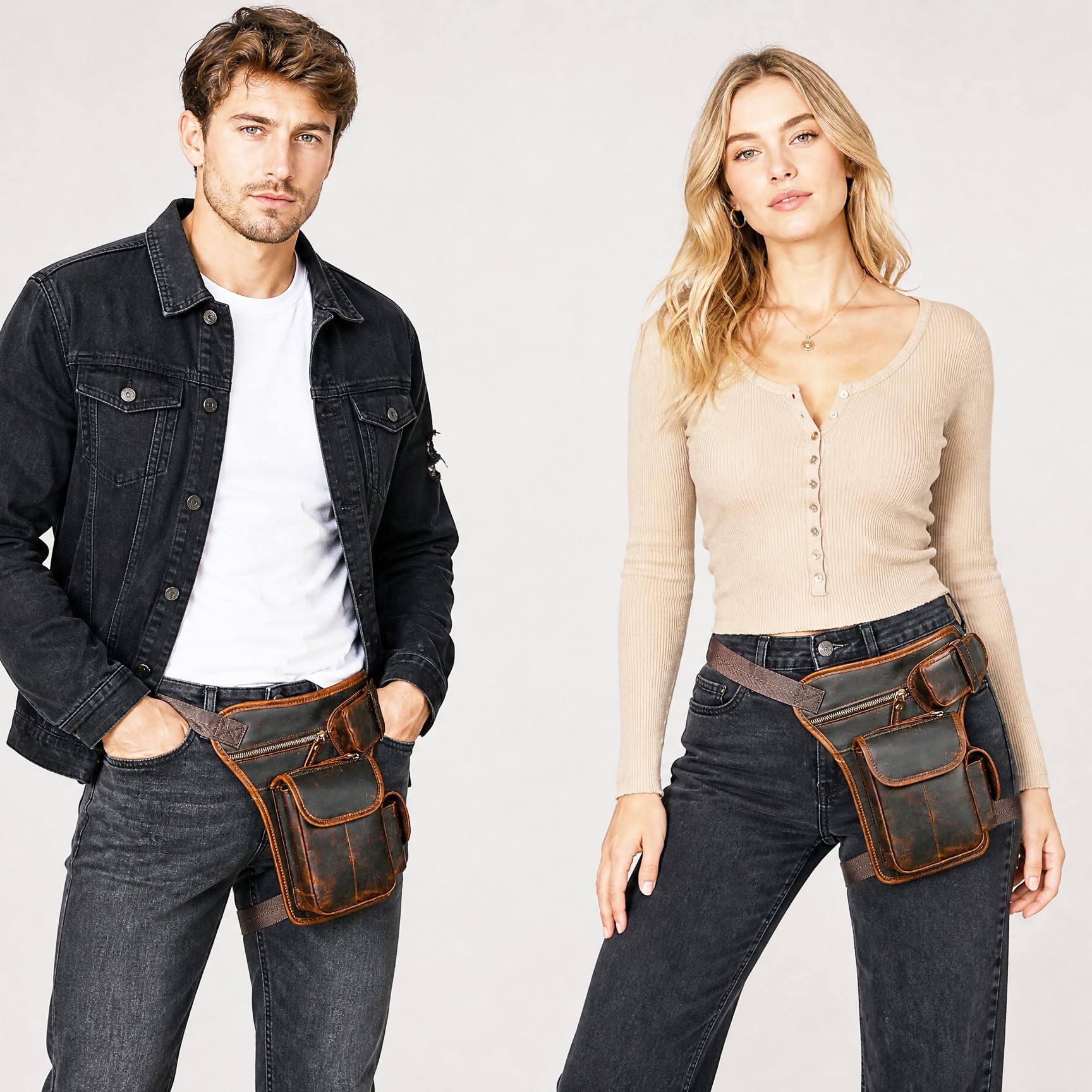 Toile Imperméable + Cuir Véritable Moto Fanny Sac de Taille Waist Bag Cuisses Sacs pour Les Jambes pour Hommes Femmes FB211-8 (100% Cuir véritable - x3106 Marron)