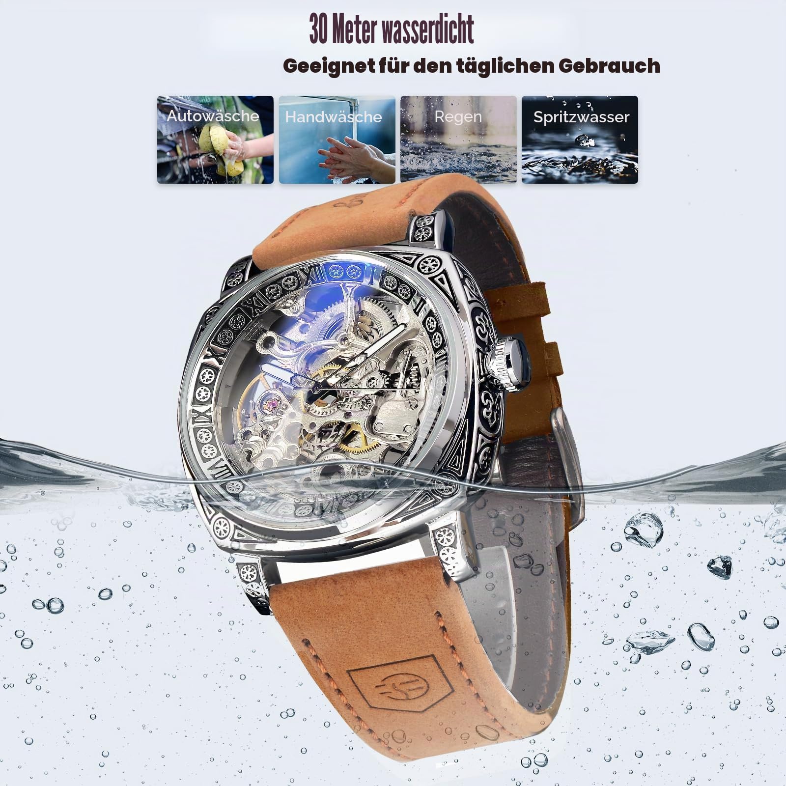 FORSINING Uhren für Herren, quadratisch, Retro, mechanische Uhr, selbstaufziehend, geschnitzt, Skelett, Automatikuhren, Vintage-Lederarmband, Silberbraun, Retro