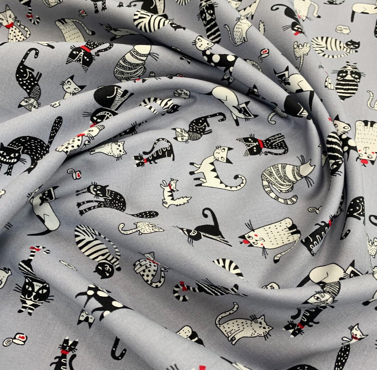 100% Cotton Fabric - Cute Cats Crazy Cat Print on Grey - Craft Fabric Material Metre