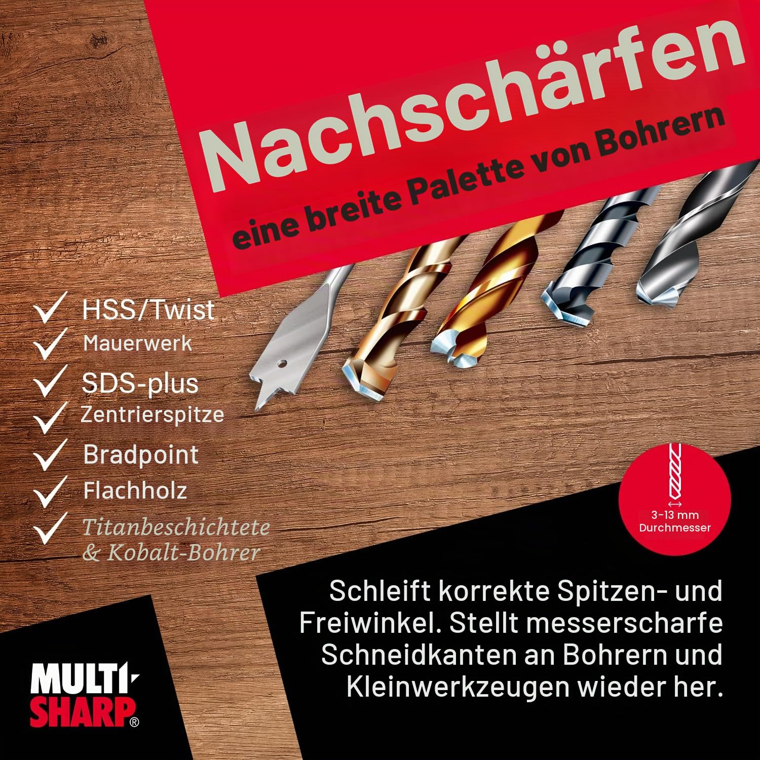 MULTI-SHARP 2001 Bohreinsätze und Werkzeugschleifer 3-13mm Durchmesser (HSS, Flachholz, Mauerwerk, SDS-Plus und Holzspiral)