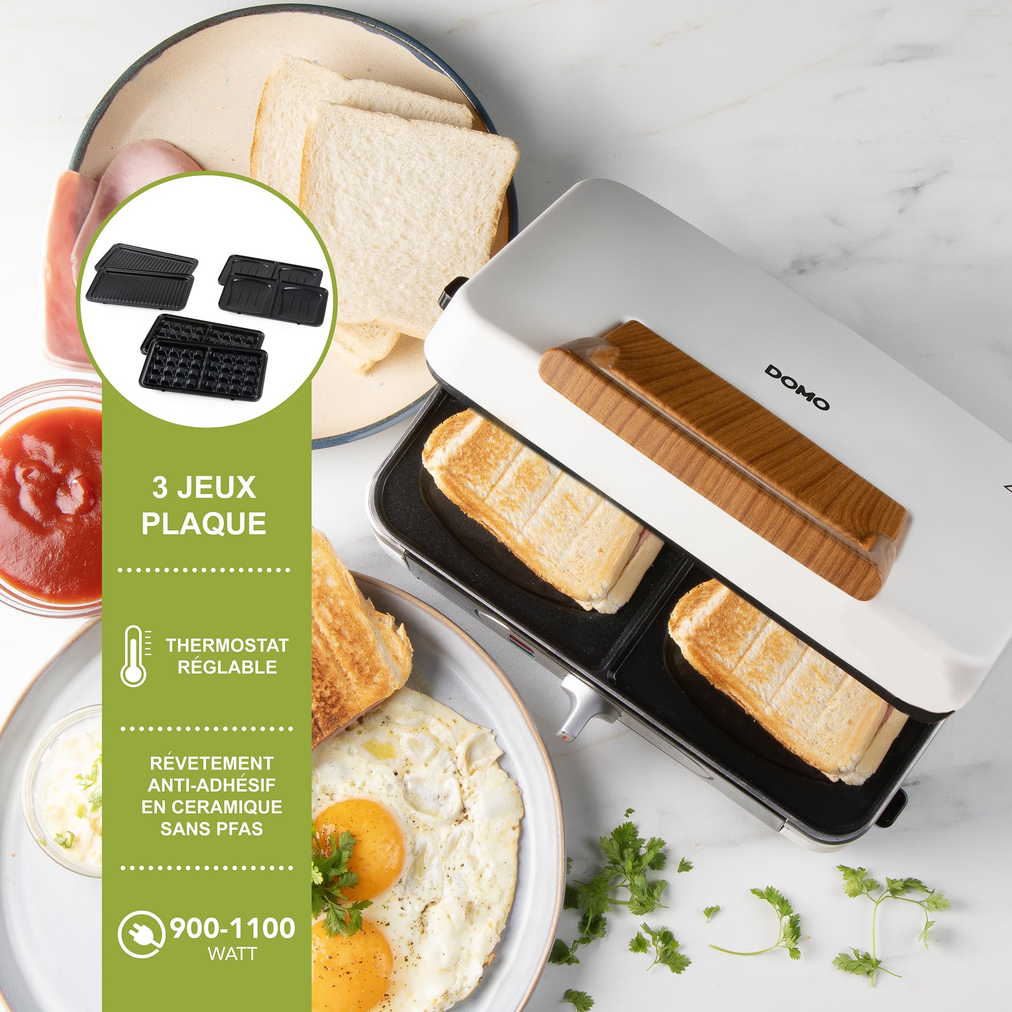 DOMO DO9277C Snackmaker 3 en 1 - Design de luxe en bois - PFAS FREE - Croque-Monsieur, Gaufrier et Gril - Pieds Anti dérapants - Plaques de cuisson interchangeables - 1100W - Blanc Poudré