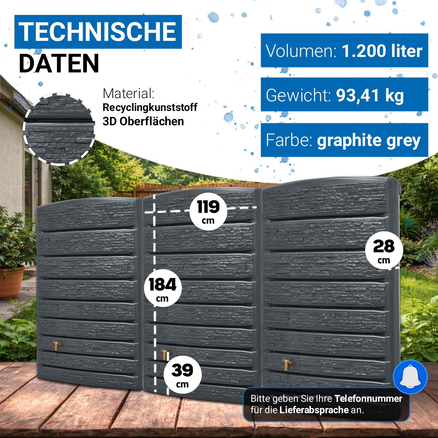4rain ExtraSLIM Stone Decor Regentonne Wandtank-Set 1200 Liter Graphite | Grey, 3 x ExtraSLIM Stone Decor 400 Liter inkl. Verbinder Wassertank, Fass, Regenfass, Regenwassertonne, Regenwassertank