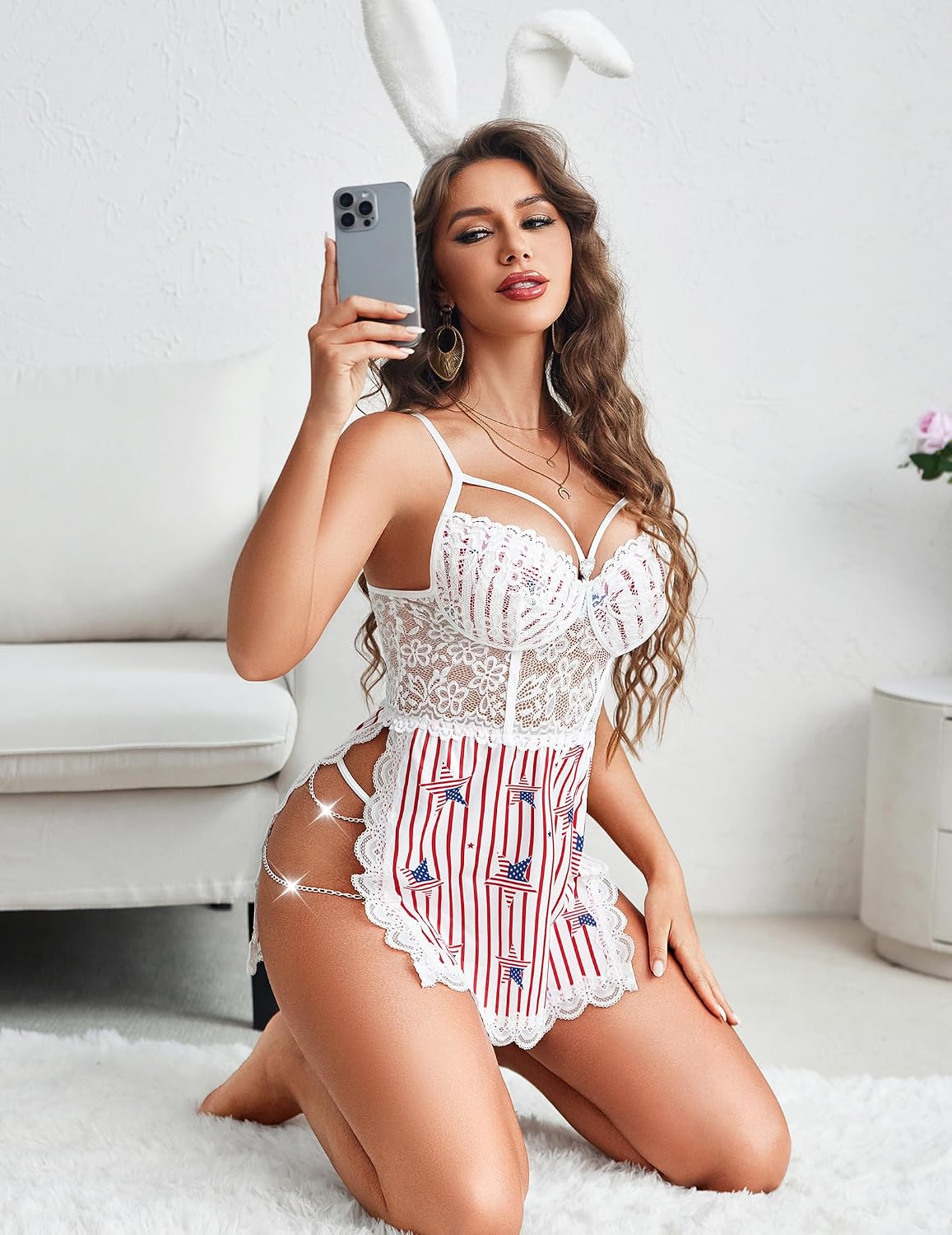 Avidlove Lingerie for Women Sexy Babydoll Lingerie Dress Chain Side Slit Chemise Nightgowns with G-String