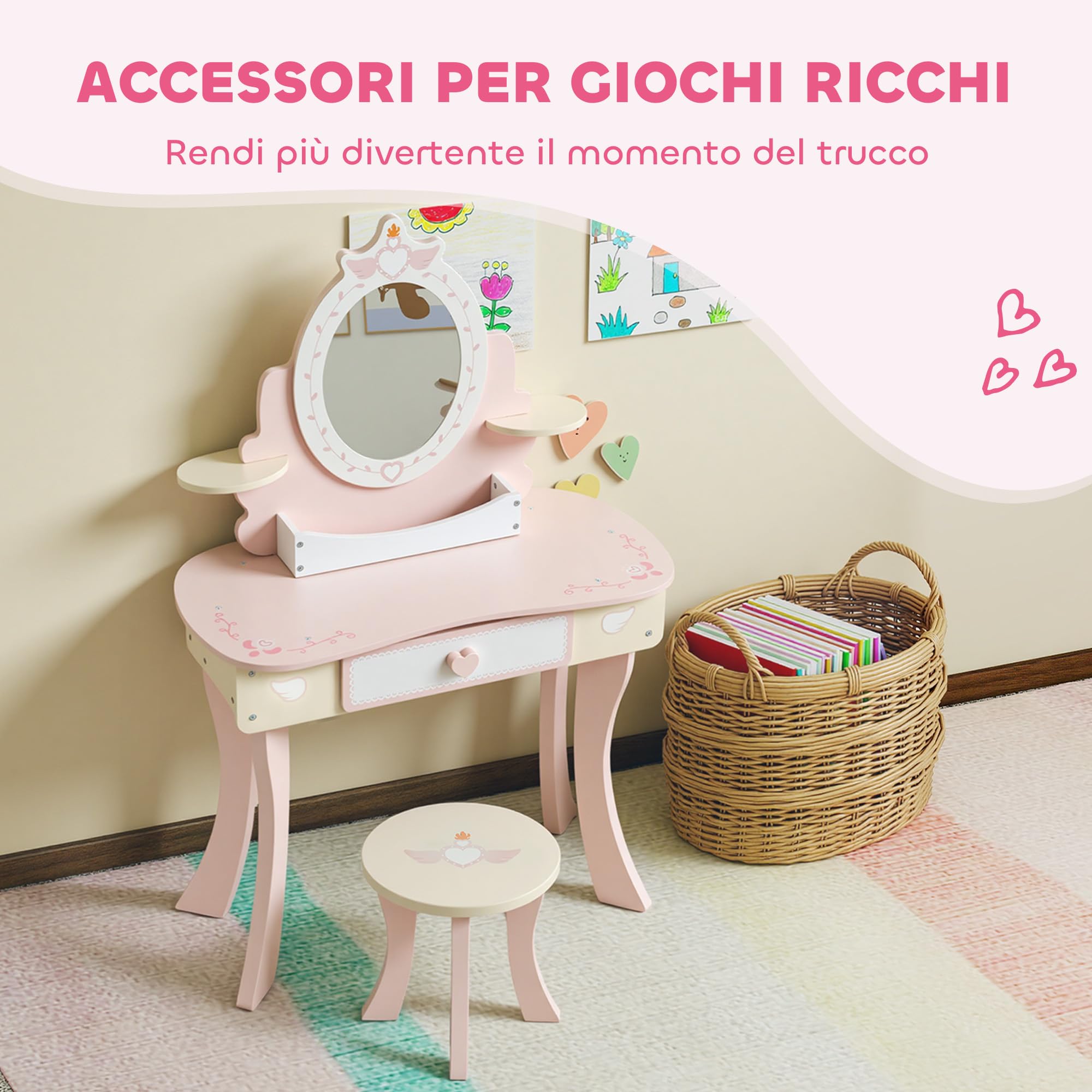 AIYAPLAY Set Toeletta con Specchio e Sgabello in Legno per Bambini, Tavolo da Trucco 2 in 1 Convertibile in Scrivania, 7 Accessori Inclusi, Rosa