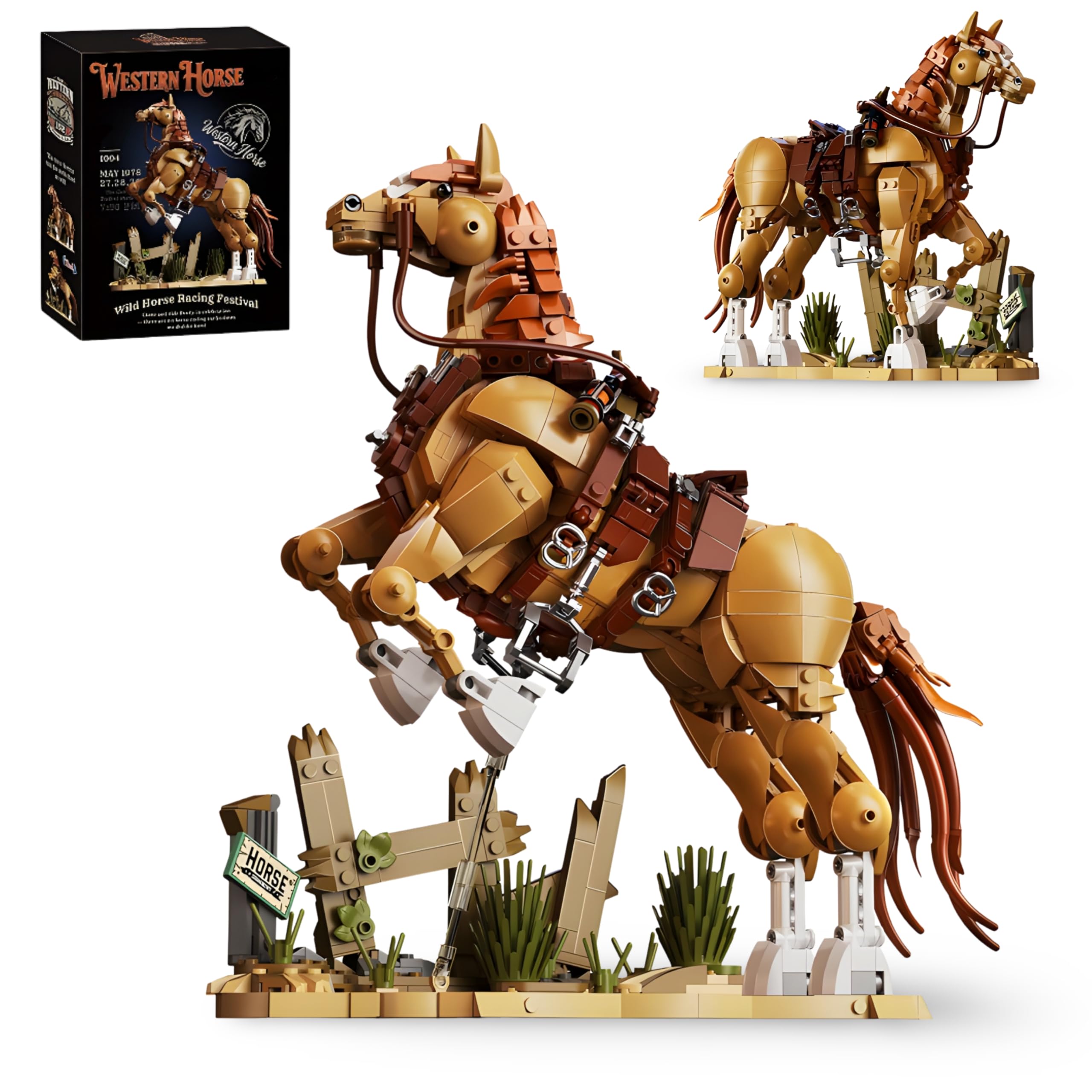 Cbmesmeric 2 in 1 Western Horse Building Set, Wild Cowboy Steed Brick Statue Building Blocks Kit with Western Scene Base, Animal Sculpture Building Model Toy, Gift for Adults Teens, 1258 PCS
