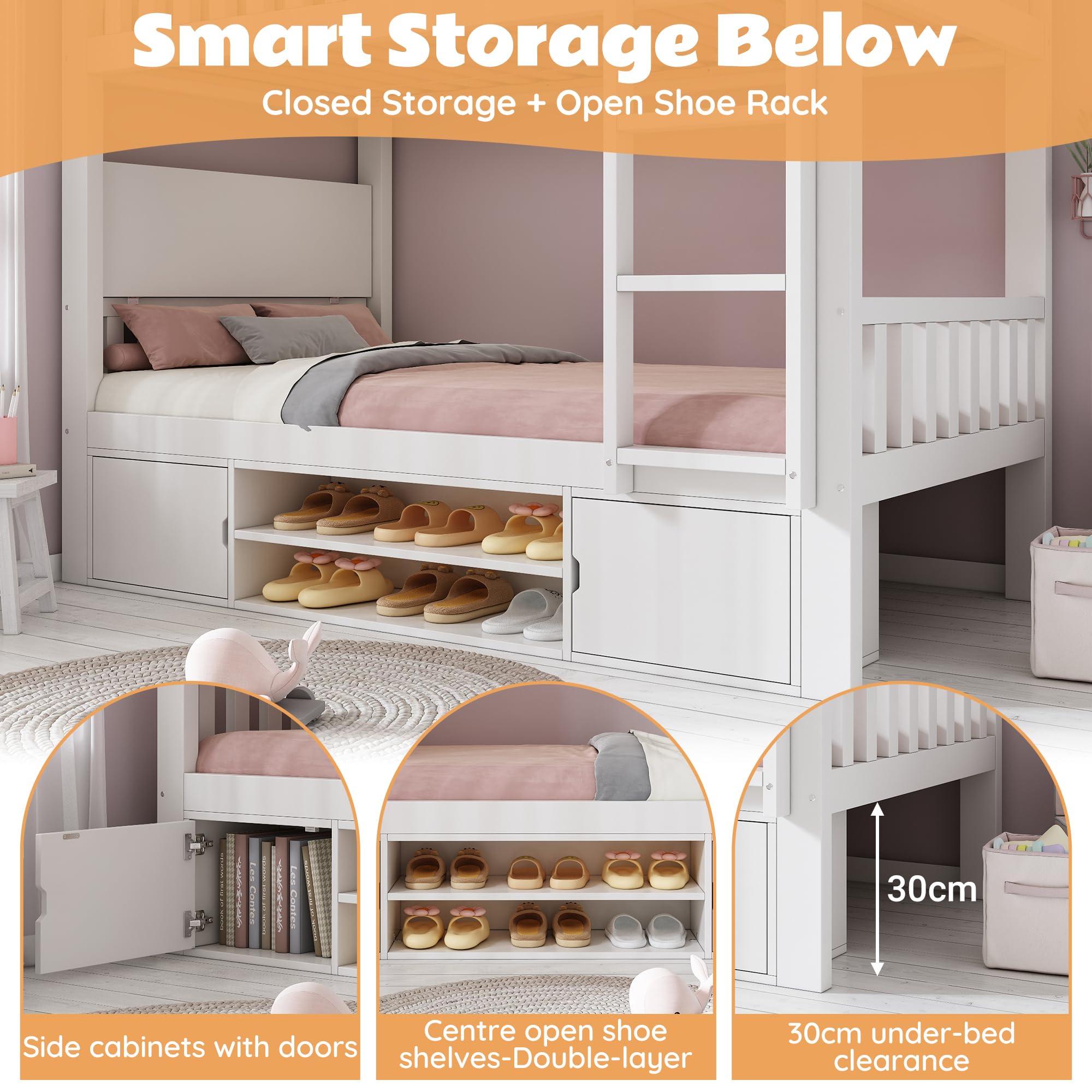 Cama alta para niños, 90 x 200 cm, color blanco, con tablero plegable y zapatero integrado, somier, solución todo en uno, certificado EN747, sin colchón