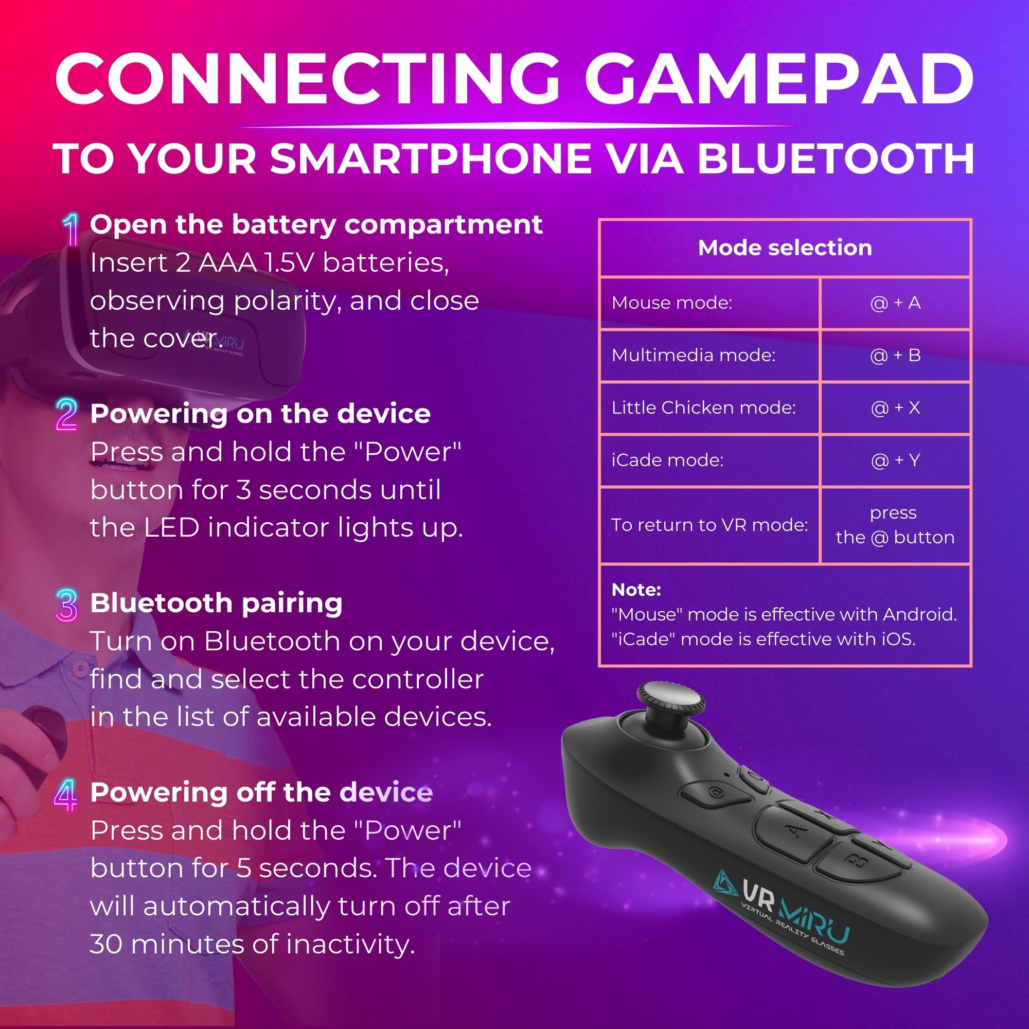 MIRU Visore Realtà Virtuale VMR700J, Occhiali 3D per Giochi e Video con Compatibilità Android e IOS, Visore VR telefono 4.7''-7'', Distanza Focale 37.5-46.5 mm, Cinghie Regolabili + Controller