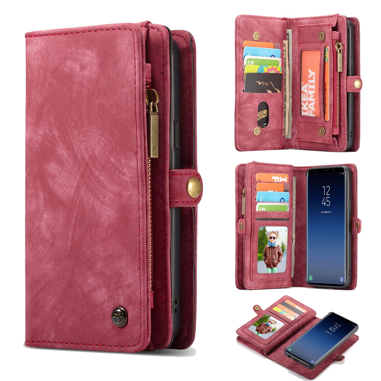 Galaxy S9 Wallet Case,AKHVRS Handmade Premium Cowhide Leather Wallet Case,Zipper Wallet Case [Magnetic Closure]Detachable Magnetic Case & Card Slots for Samsung Galaxy S9 - Red