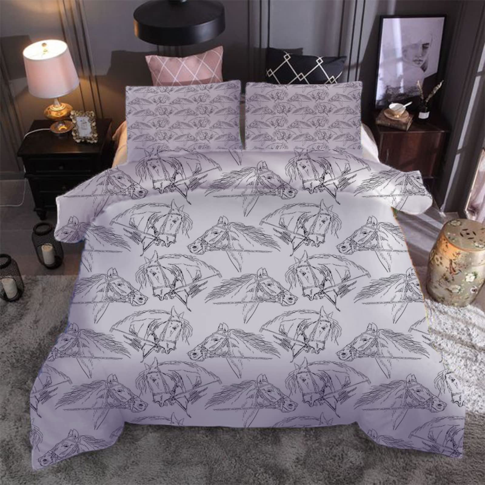 3 Pezzi Set Di Biancheria Da Letto Copripiumino Matrimoniali Completo 260X240Cm Stampa Di Stampa Di Cavalli Animali 3D Copripiumini Matrimoniali In Microfibre Con 2 Federe 50X80Cm