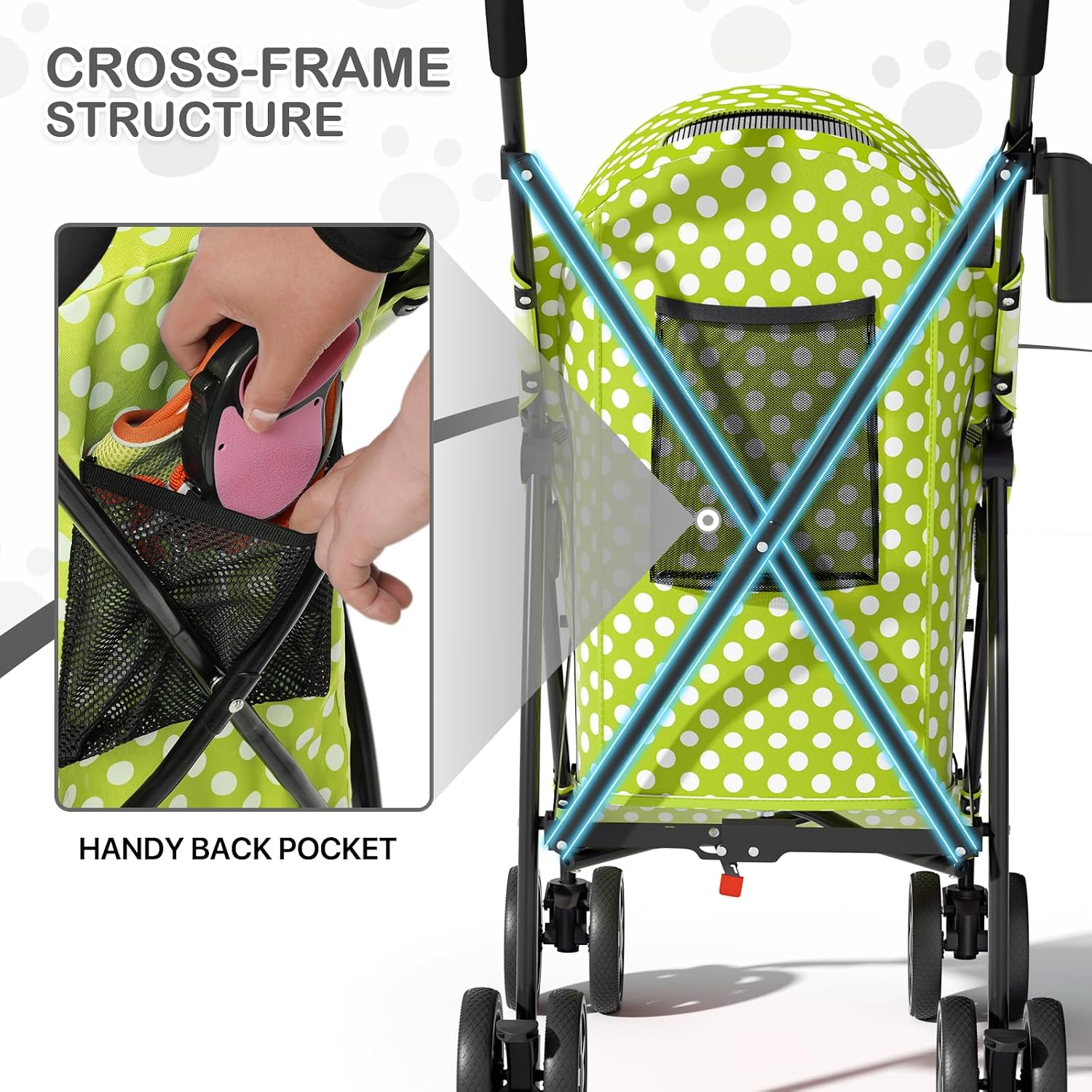 MoNiBloom 4 Wheels Pet Stroller, Easy-Fold Umbrella Shaped Dog Cat Jogger Stroller w/Storage Bag & Visible Mesh for Small/Medium Dogs Cats Lawn Green Polka Dots