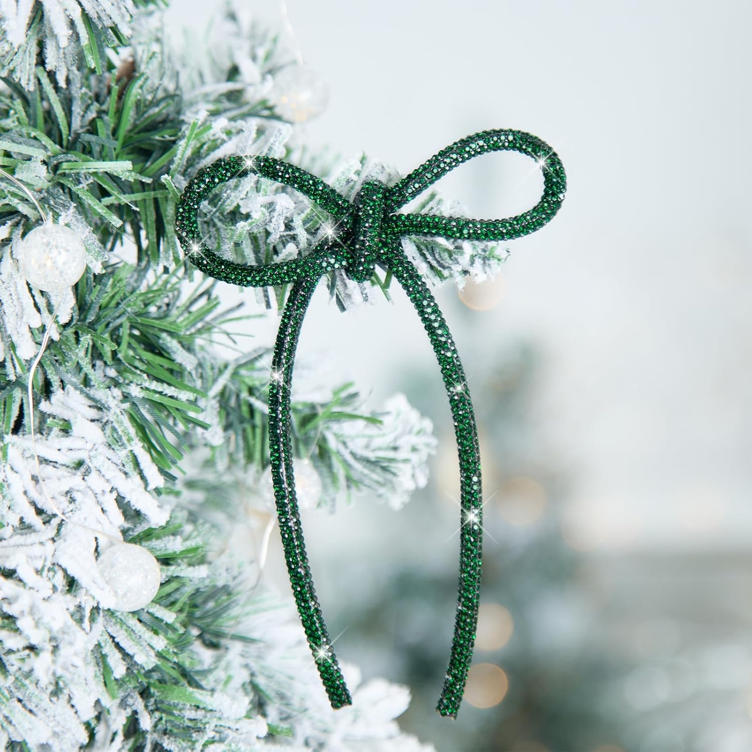 FLAIR GIFTS 12 Pcs 4.3" x 6" 2025 Christmas Bows for Tree Decor, Green and Red Sparkly Glitter Rhinestone Bow Ornaments with Twist Tie for Xmas Decoration, Wreath, Garland, Gift Wrapping