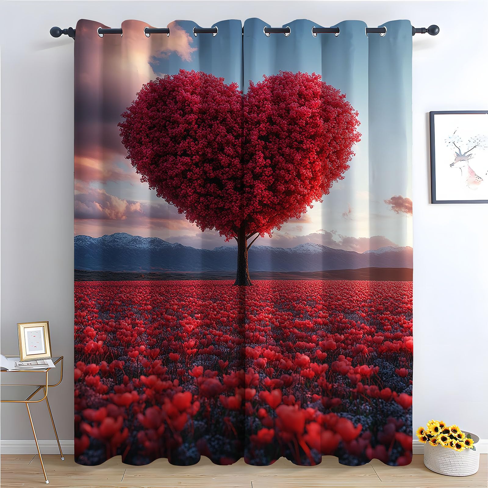Rideau occultant arbre rouge cœur moderne pour salon et chambre - 2 panneaux H215 x L100 cm