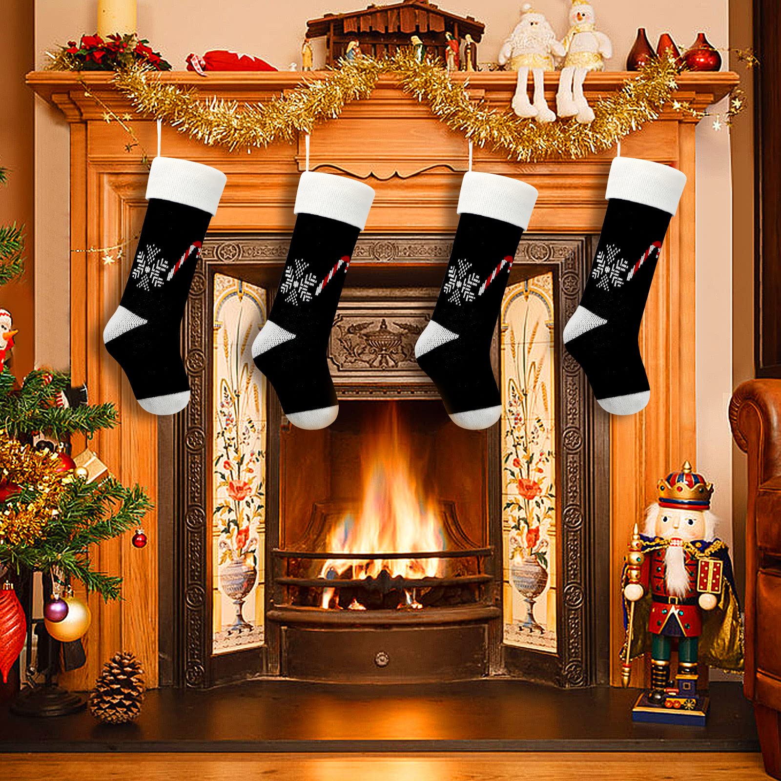 Dremisland 4 Pack Christmas Stockings - 18 Inch Black Knitted Xmas Stockings Fireplace Hanging Stockings for Christmas Decoration Holiday Season Party Decor