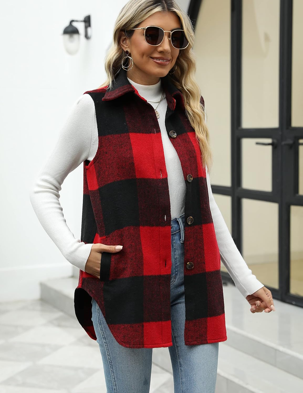 Tanming Women's Plaid Vest Brushed Flannel Sleeveless Shacket Shirt Jacket with Pockets - Image 4