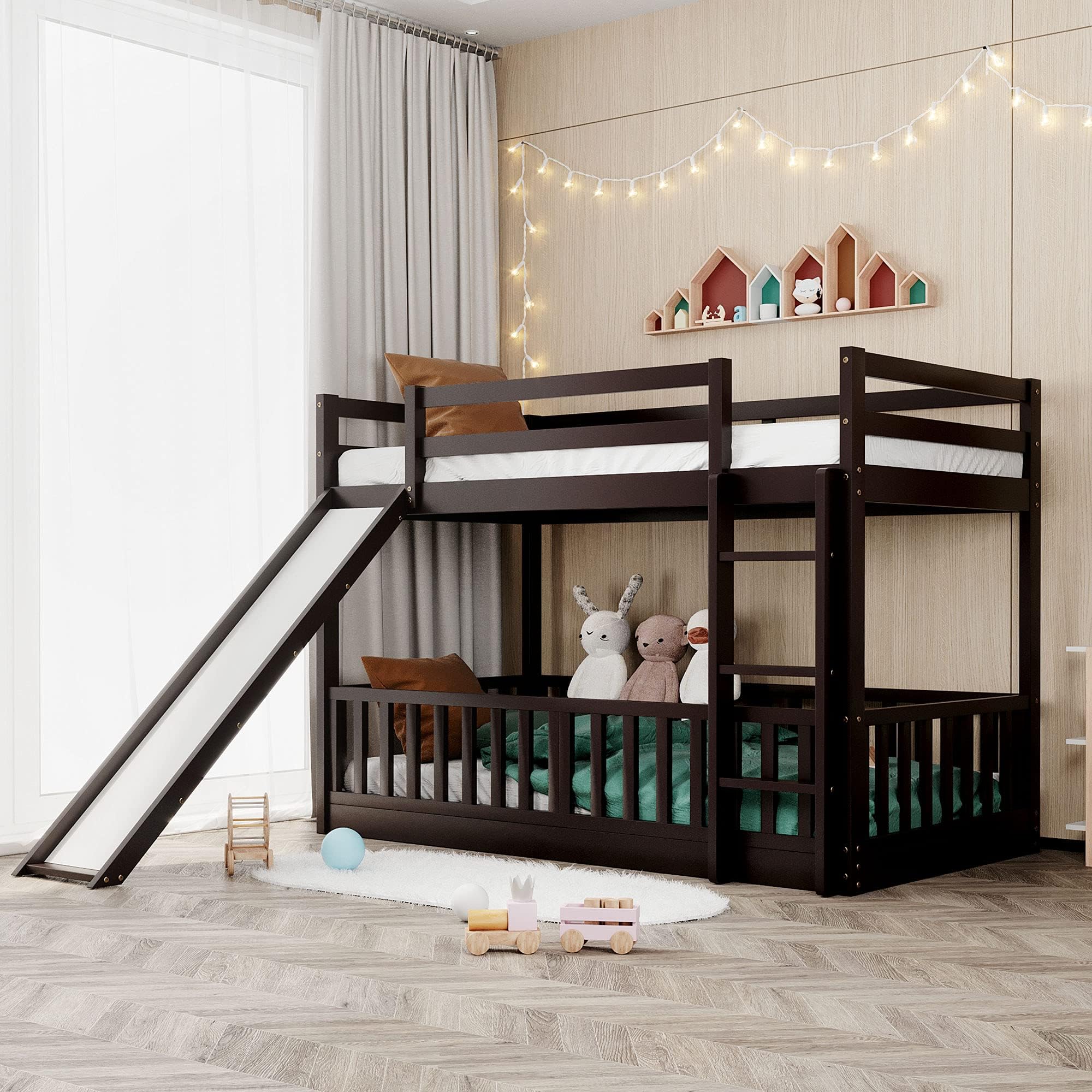 Bellemave Twin Over Twin Floor Bunk Bed with Slide and Ladder, Low Bunk Bed for Kids, Girls, Boys, Removable Fence, Bunk Bed with Slide, Espresso