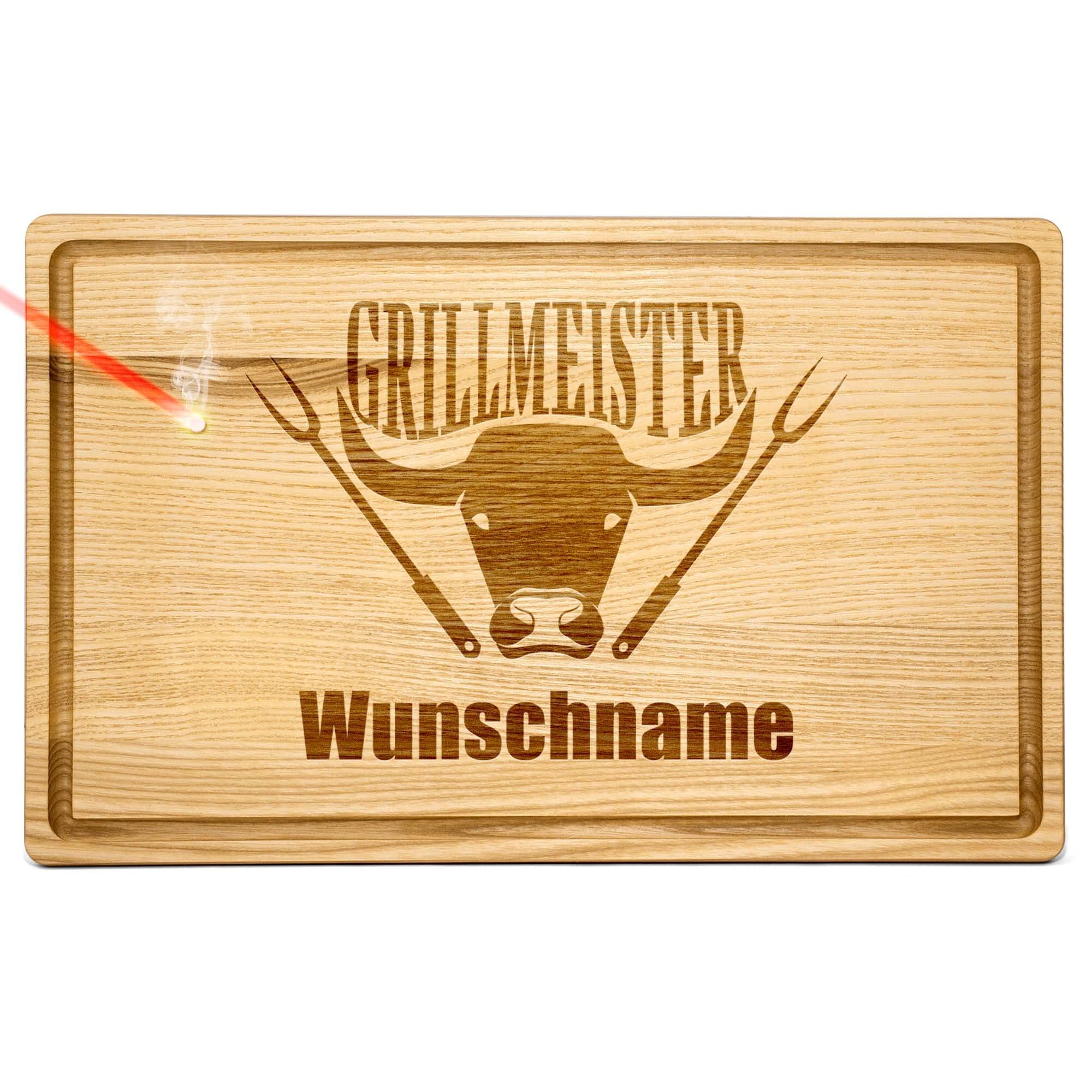 PR Print Royal Großes Holzbrett mit Gravur - Schneidebrett personalisiert mit Name - Grillmeister - Geschenke für Grillfans zum Geburtstag | Eschenholz, 40 x 25 x 2 cm, personalisiertes Geschenk