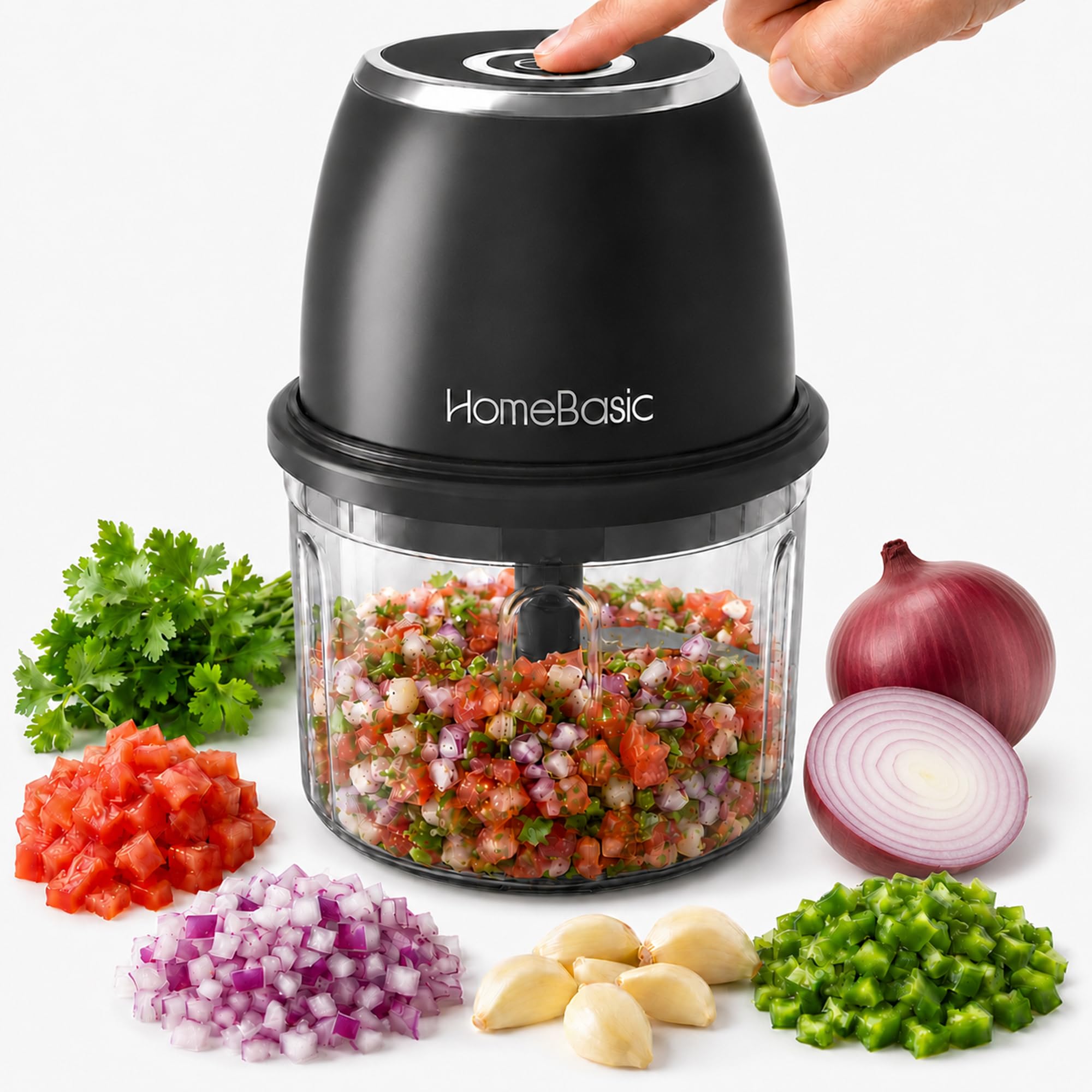 HOMEBASIC Electric Chopper for Kitchen 350ml, Mini Food Processor, One-Touch Operation, 6 Stainless Steel Blades, 40W High-Speed Motor, 1200mAh Battery| for Onion, Garlic-Ginger, Vegetable, Meat, Nuts-image-17