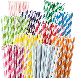 100PCS Biodegradable Paper Straws - Durable & Eco-Friendly in Colour Stripes - Rainbow Drinking Straws & Party Decoration Supplies|Random Color|