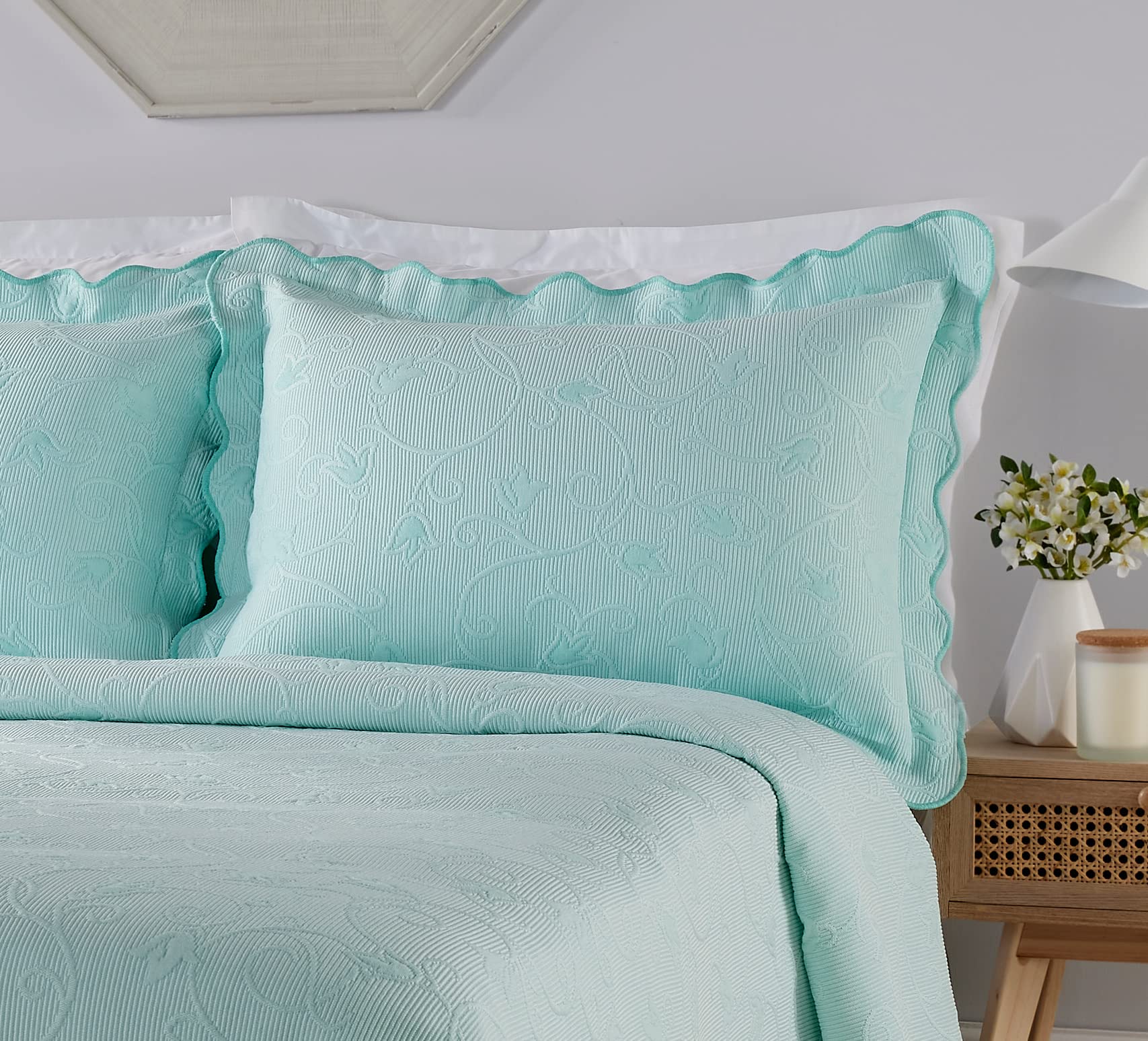 Diana Cowpe Mint 2 X Pillow Shams To Match Bed Throw Bedspreads & Coverlets | Beautiful Victoriana Portugese Matelassé Floral Textured Scalloped Edge Blanket Lightweight Summer Layer