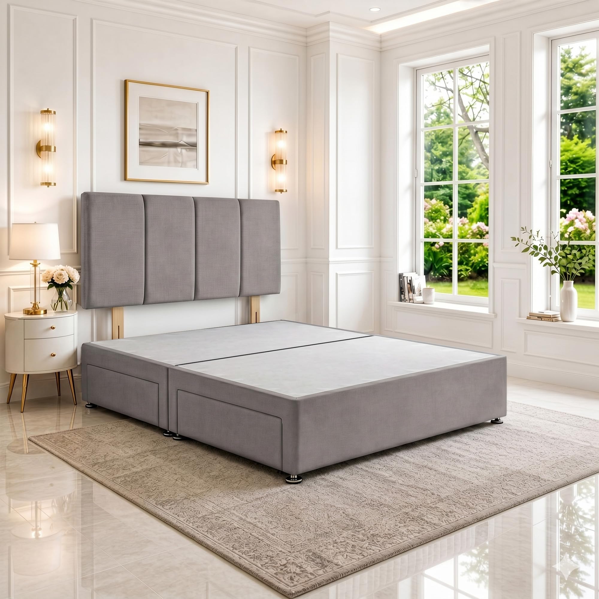 SANA SLEEP Small Double Divan Bed with Headboard & 2 Storage Drawers – Plush Silver Fabric, 4FT UK Made, Bedroom, Guest & Kids’ Room