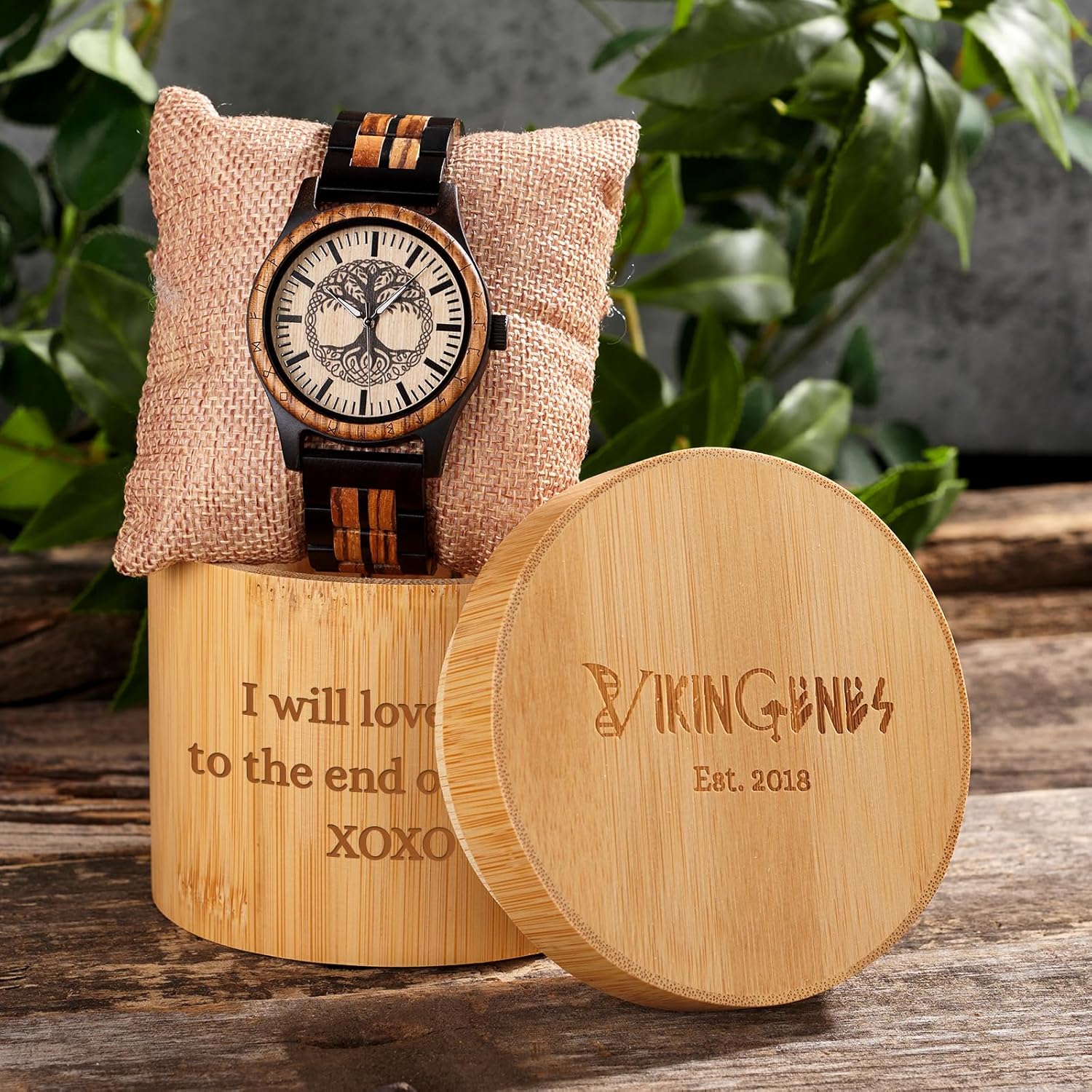 Vikingenes – Wooden Watches for Men, Engraved Wood Watch, Personalized Men's Gift, Viking Watches, Natural Wood Wristwatch, Luxury Wooden Chronograph, Custom Engraved Watch, Unique Gift for Men