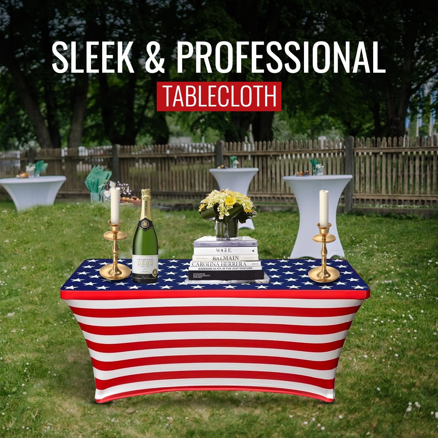 HandinHandCreations Spandex 6FT Tablecloth - Washable, Fitted Rectangular Table Cover 4th of July, Memorial Day, Birthday, Christmas Theme One Pack (2, Red White Blue, 72x30 inches)