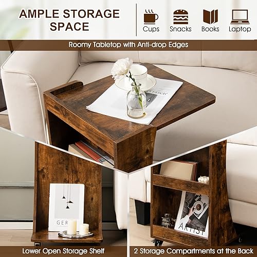 Miniatura 13 de GOFLAME Juego de 2 mesas auxiliares en forma de C, mesa auxiliar de sofá móvil con 2 compartimentos traseros de almacenamiento, ruedas giratorias