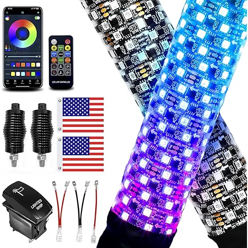 2 Pack 2FT Fat Whip Lights, LED Whip Lights with App & Remote Control, Spiral RGB Chasing Lighted Antenna Whips with Rocker Switch, Music Whip Light for SXS UTV ATV RZRCan-Am X3 Off-Road