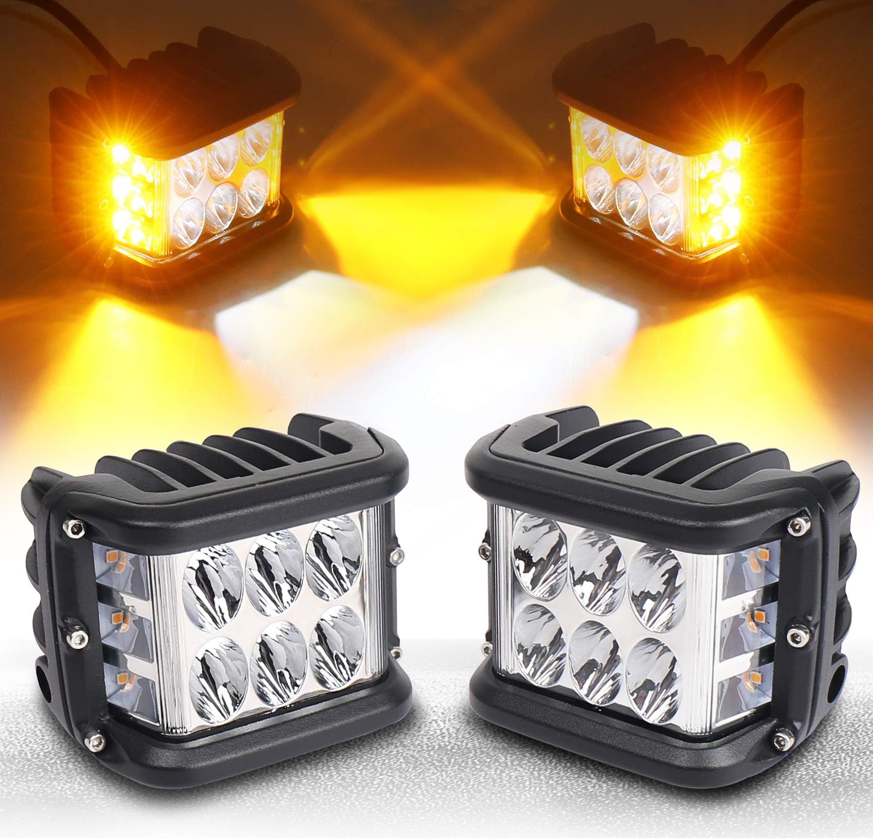 OVOTOR Side Shooter, LED Pods Light 4 inch Off Road Dual Side Yellow DRL with Flash Strobe Function Driving Flood Spot Cube Work Light Bar for Jeep Truck ATV Boat