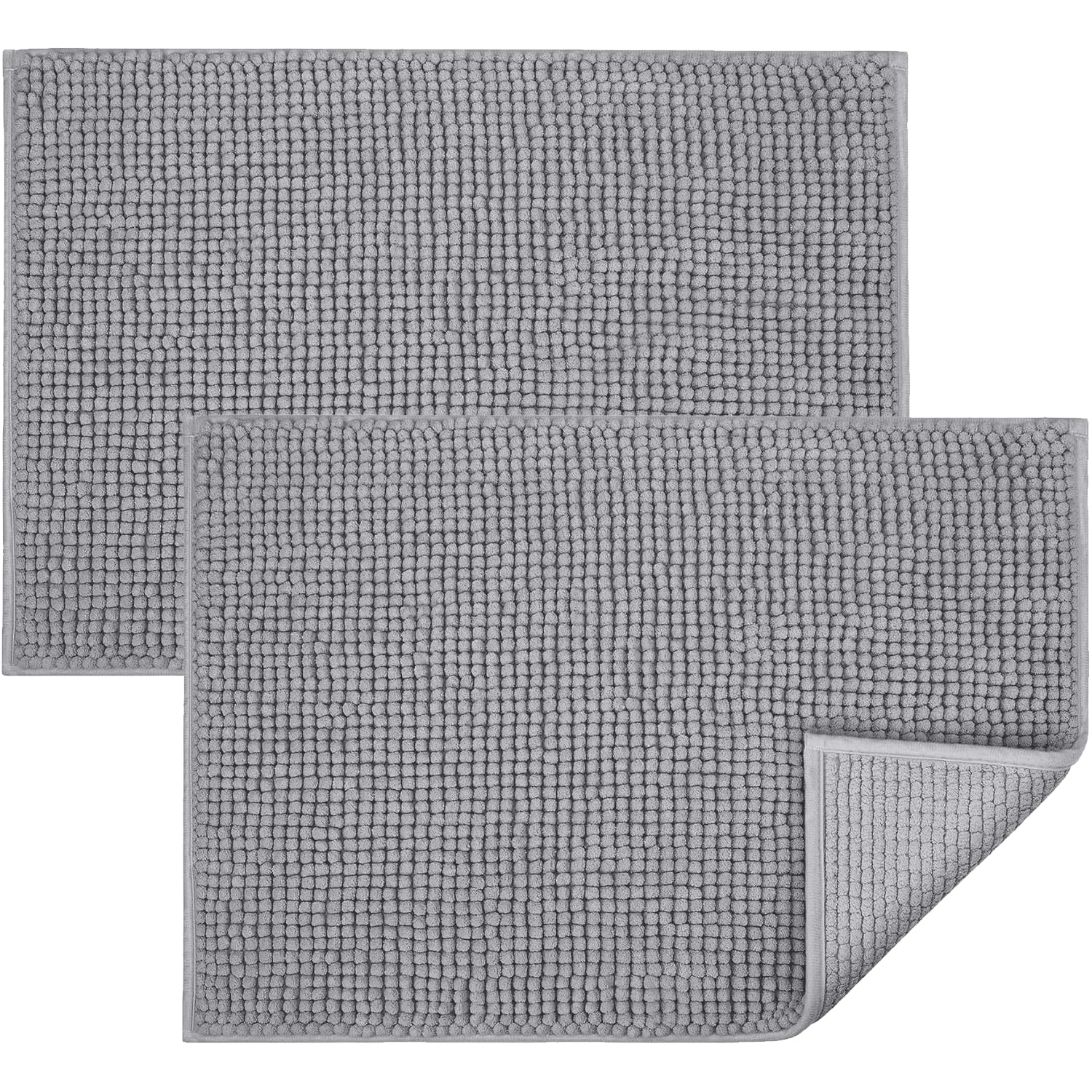 BedLooms Light Grey Bath Mat Non-Slip Anti Mould, 2 Pack 40x60cm Chenille Bathroom Mat, Ultra Soft Machine Washable Bath Mats Water Absorbent Shower Mat