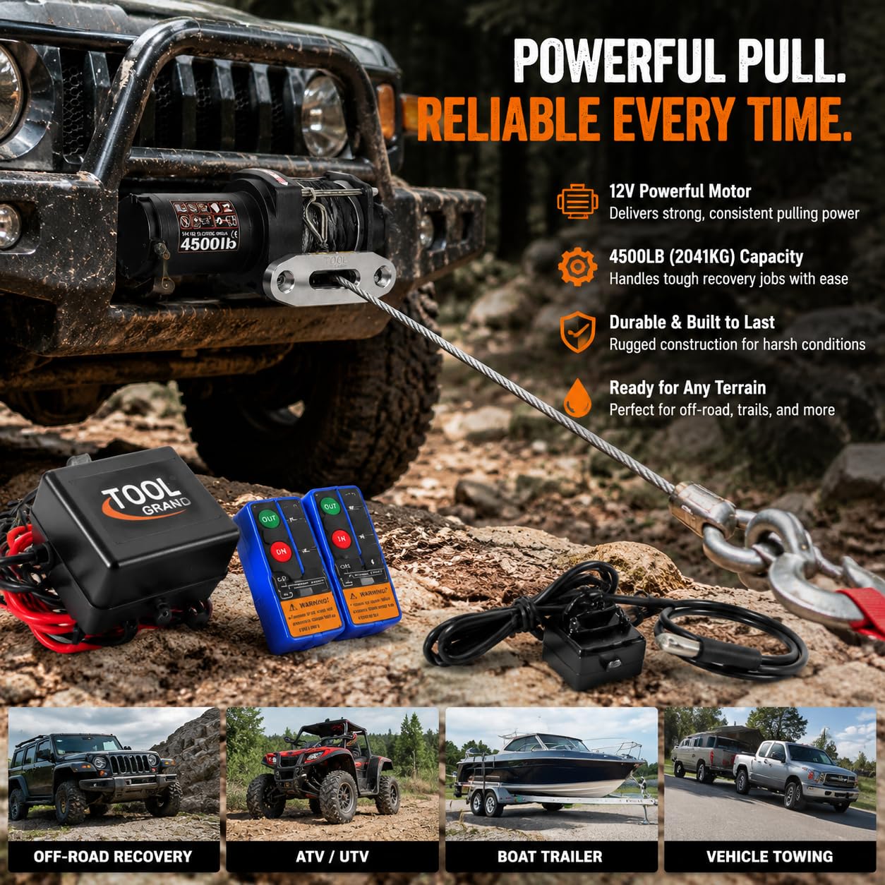 Kit verricello elettrico ATV/UTV da 4000 libbre, 12 V CC, argano impermeabile per rimorchio, con telecomando wireless e cablato, piastra di montaggio per barca, rimorchio, camion Jeep